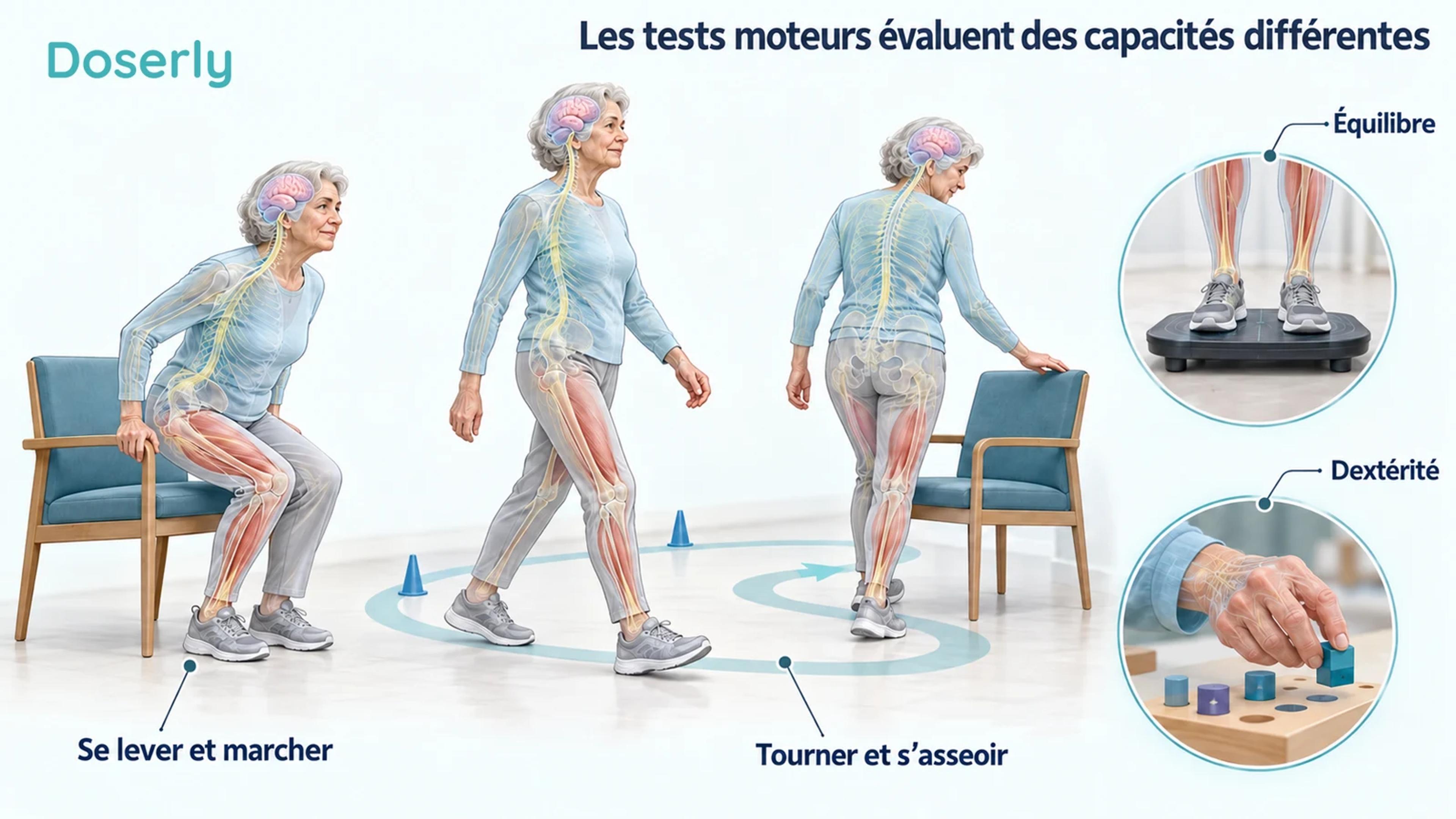 Séquence conceptuelle détaillée du lever, de la marche et du demi-tour, avec des encadrés distincts sur l’évaluation par plateforme d’équilibre et des mouvements de la main.