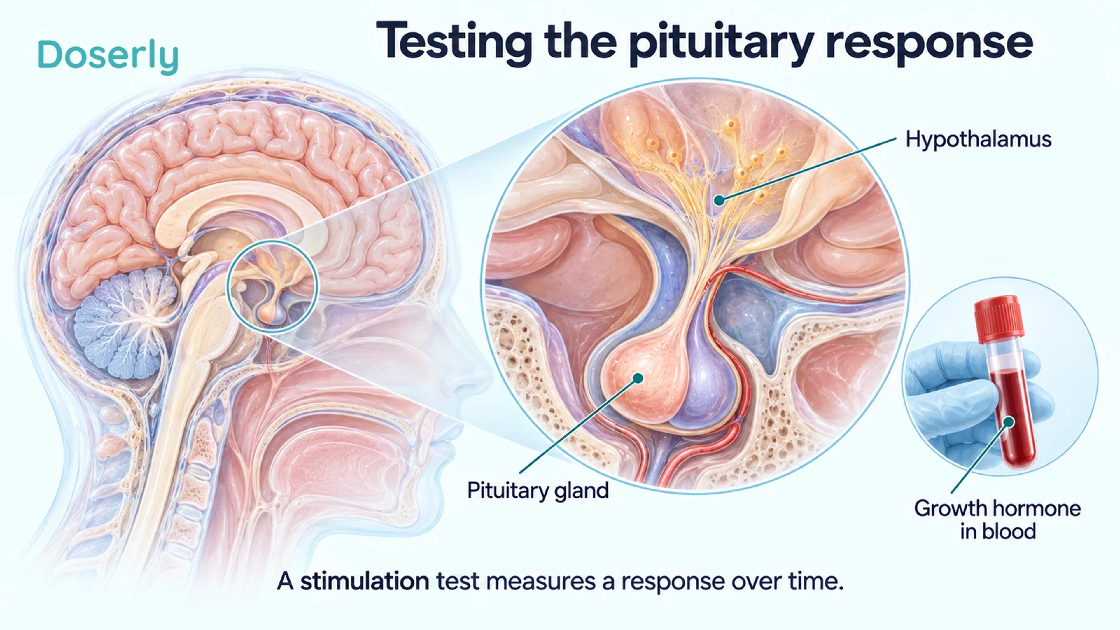 An anatomical brain and pituitary illustration beside a symbolic blood-sample tube.