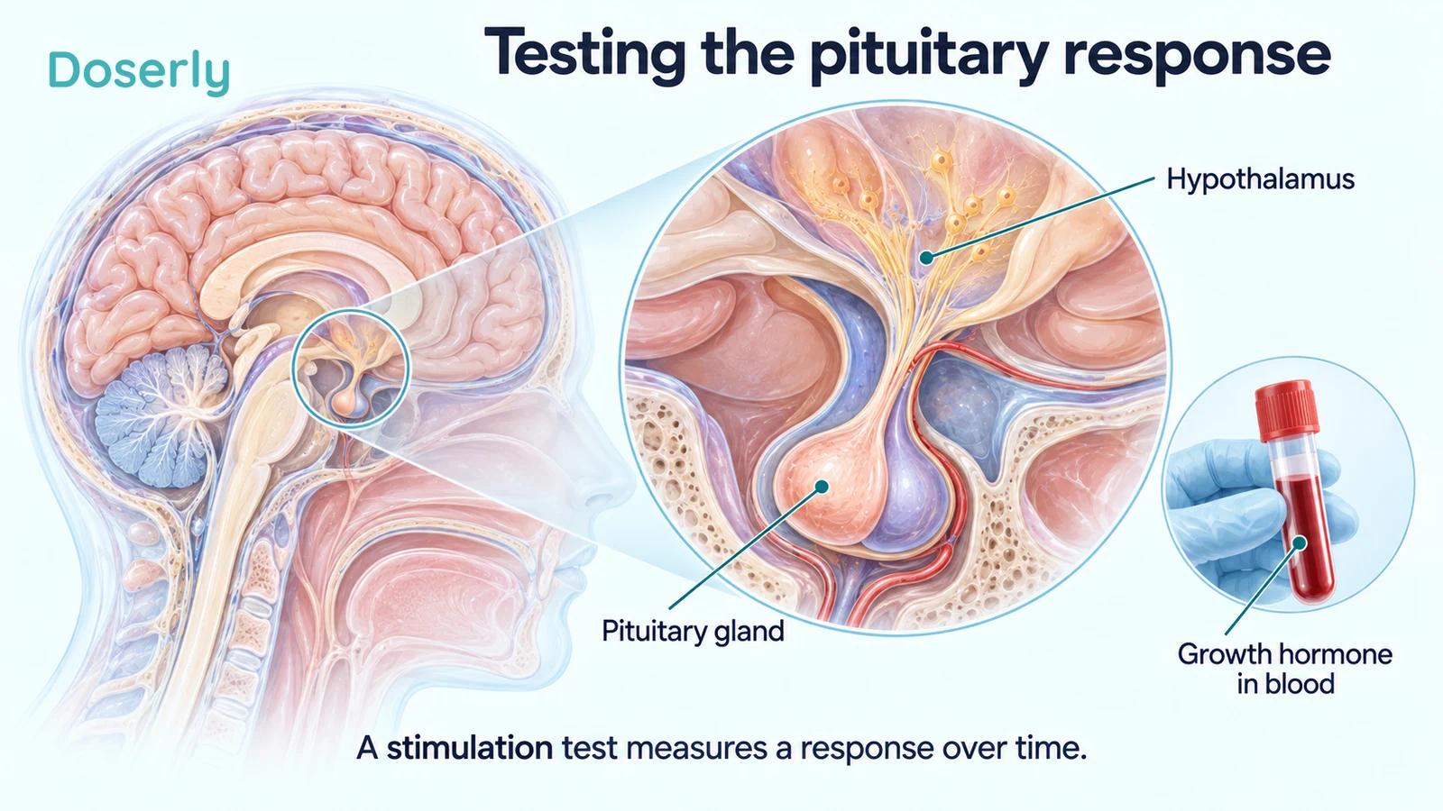 An anatomical brain and pituitary illustration beside a symbolic blood-sample tube.