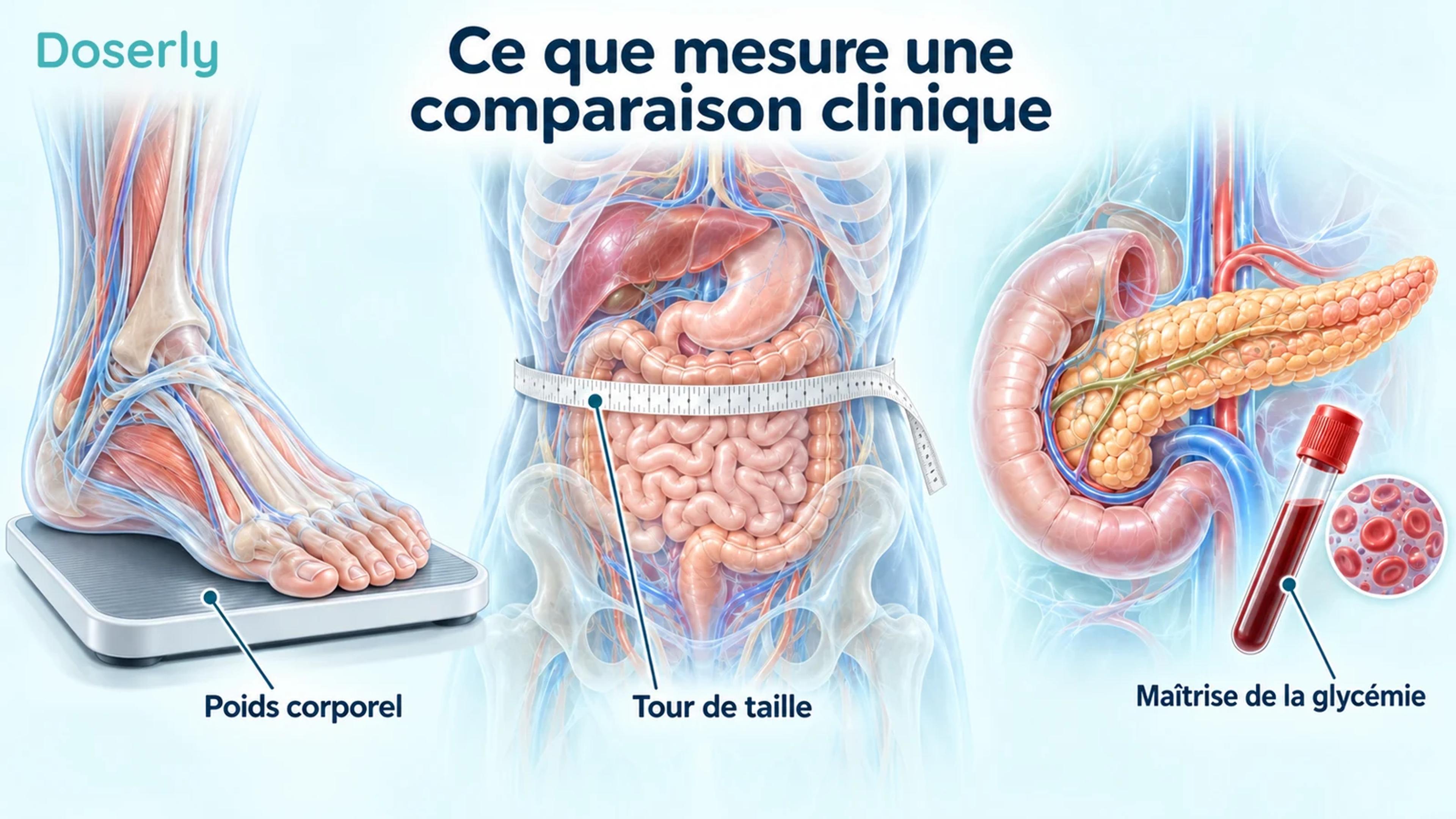 Pied représenté anatomiquement sur une balance, abdomen entouré d’un ruban à mesurer et pancréas à côté d’un échantillon de sang.