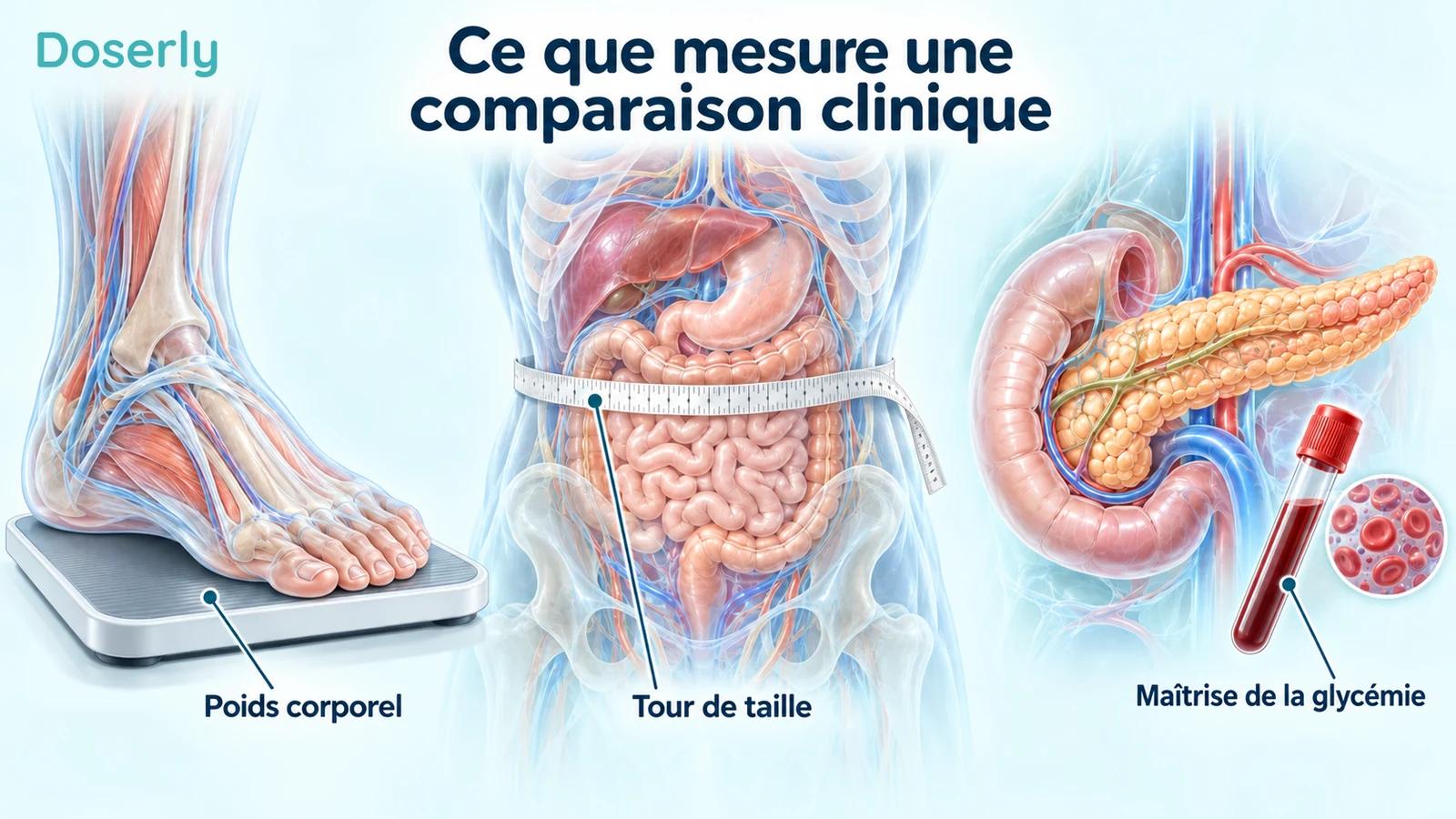 Pied représenté anatomiquement sur une balance, abdomen entouré d’un ruban à mesurer et pancréas à côté d’un échantillon de sang.