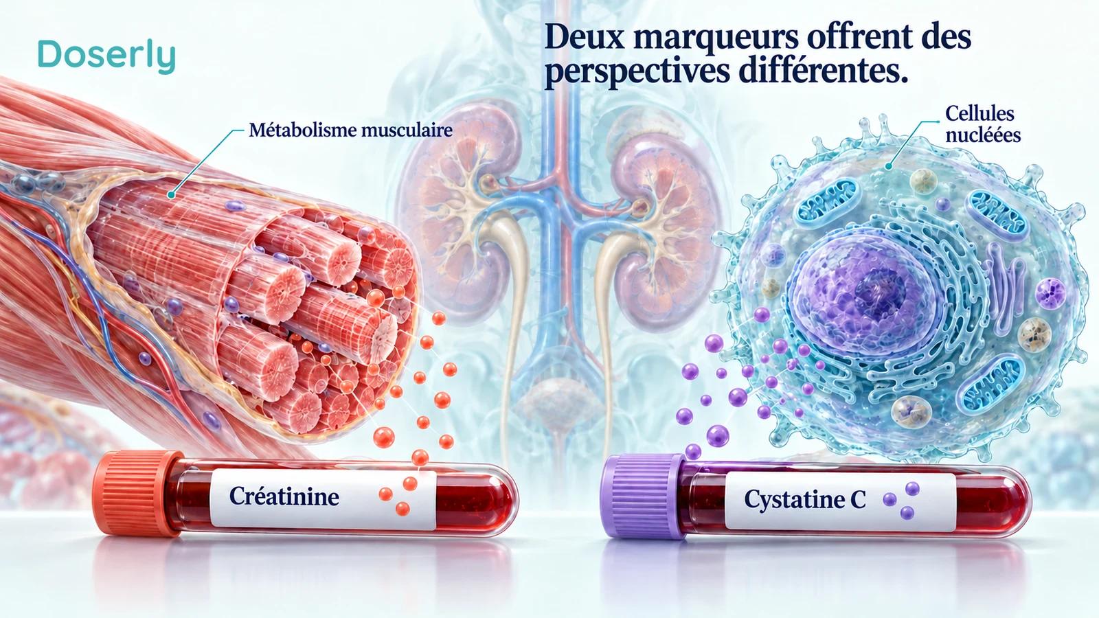 Des fibres musculaires et une cellule nucléée accompagnent des échantillons distincts de marqueurs sanguins.