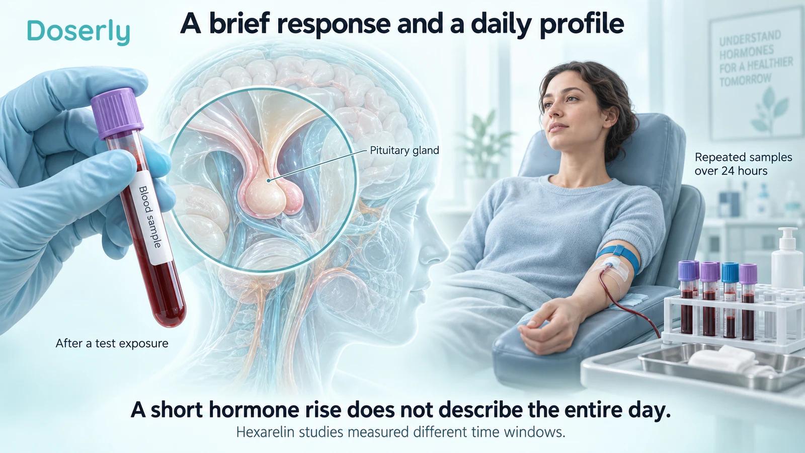 Blood collection and repeated sampling illustrate the difference between a brief hormone response and a daily profile.