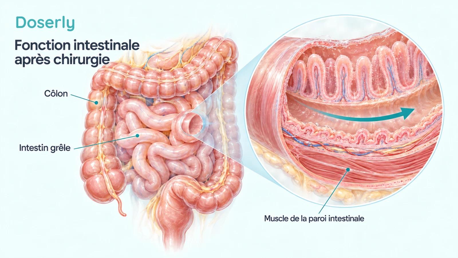 Une vue détaillée de l’anatomie intestinale et une coupe agrandie de la paroi intestinale illustrent les mouvements coordonnés dans l’intestin après une chirurgie.
