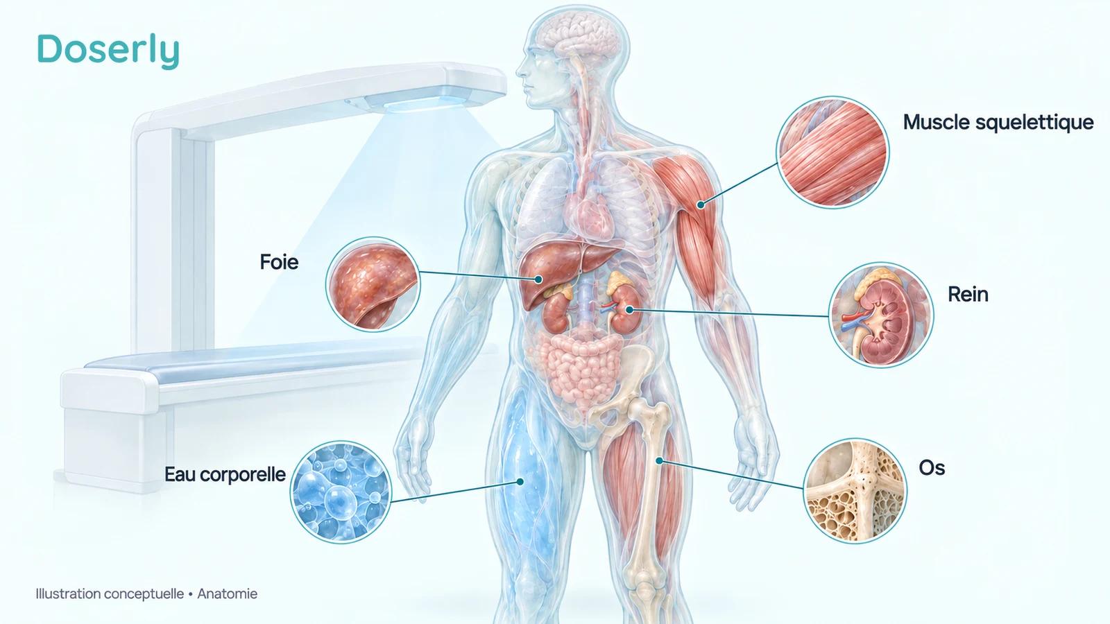 Anatomie détaillée du corps montrant le muscle squelettique, le foie, le rein, l’eau corporelle et l’os à côté d’un appareil de DXA conceptuel.