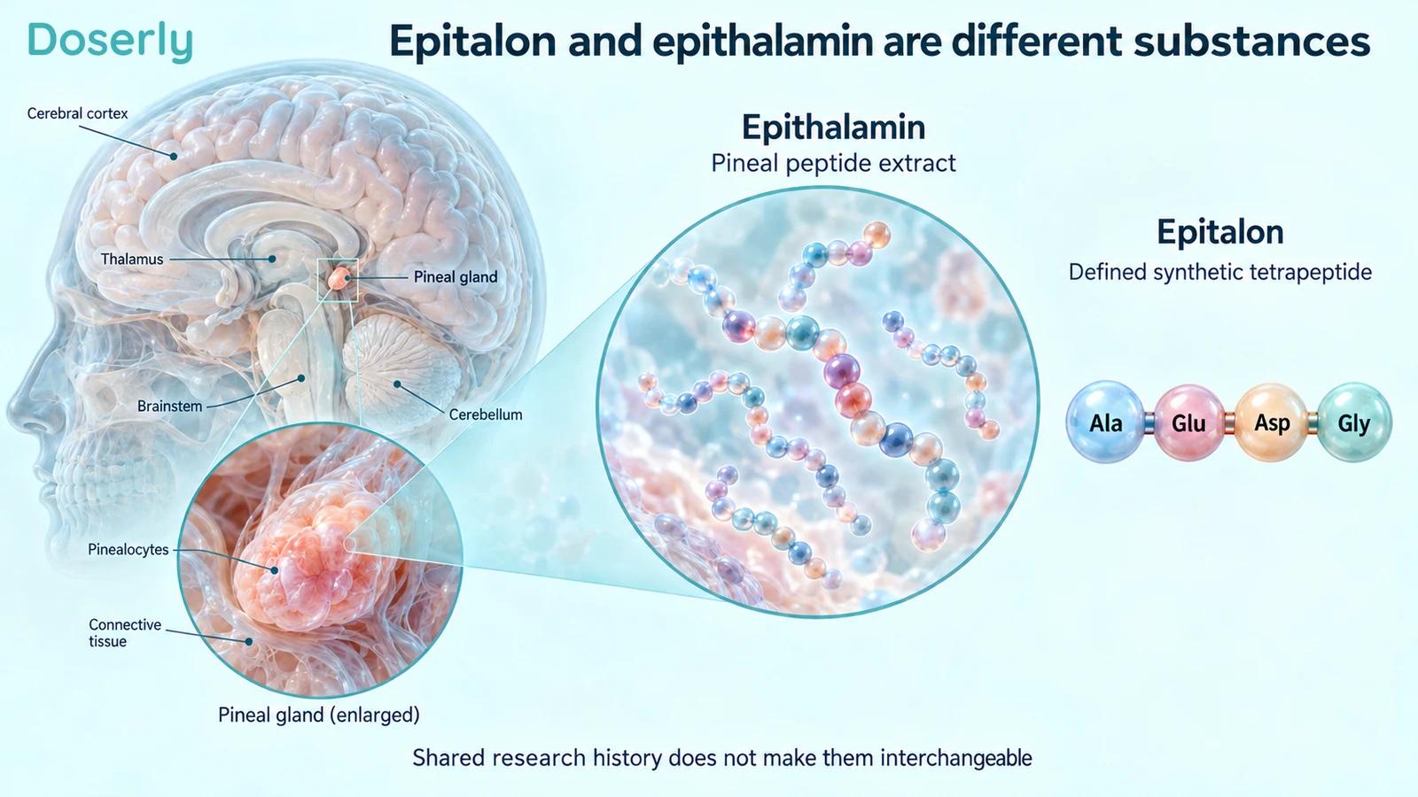 Pineal gland anatomy and a schematic mixture of peptide chains beside the four-amino-acid sequence of synthetic Epitalon.