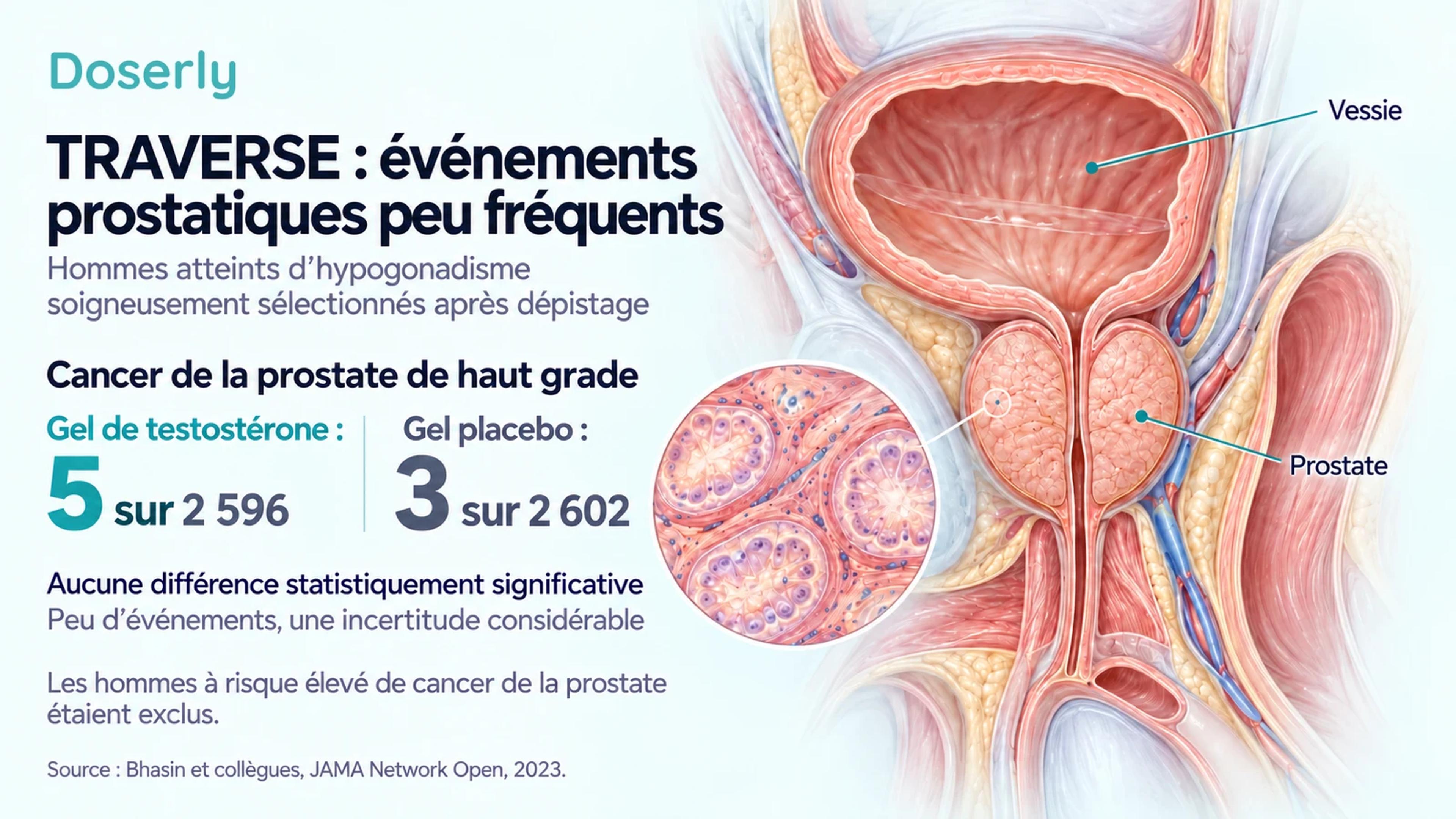 Nombre de cancers de la prostate de haut grade dans TRAVERSE : cinq participants sous testostérone et trois sous placebo, à côté d’une représentation neutre de l’anatomie prostatique.