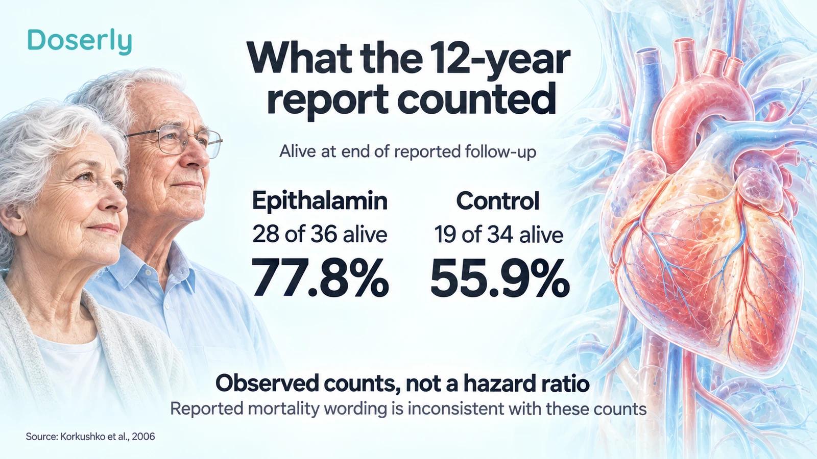 Reported end-of-follow-up counts of 28 of 36 alive with epithalamin and 19 of 34 alive in the control group, beside older adults and heart anatomy.
