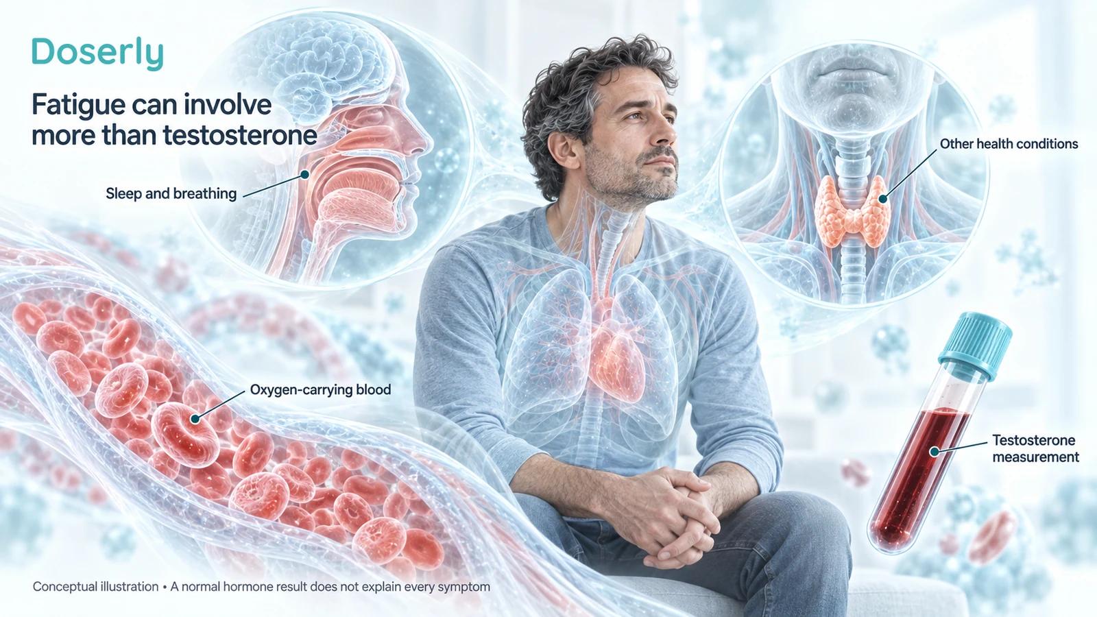 A seated man with conceptual airway, thyroid and red-blood-cell illustrations showing several aspects of a fatigue assessment.