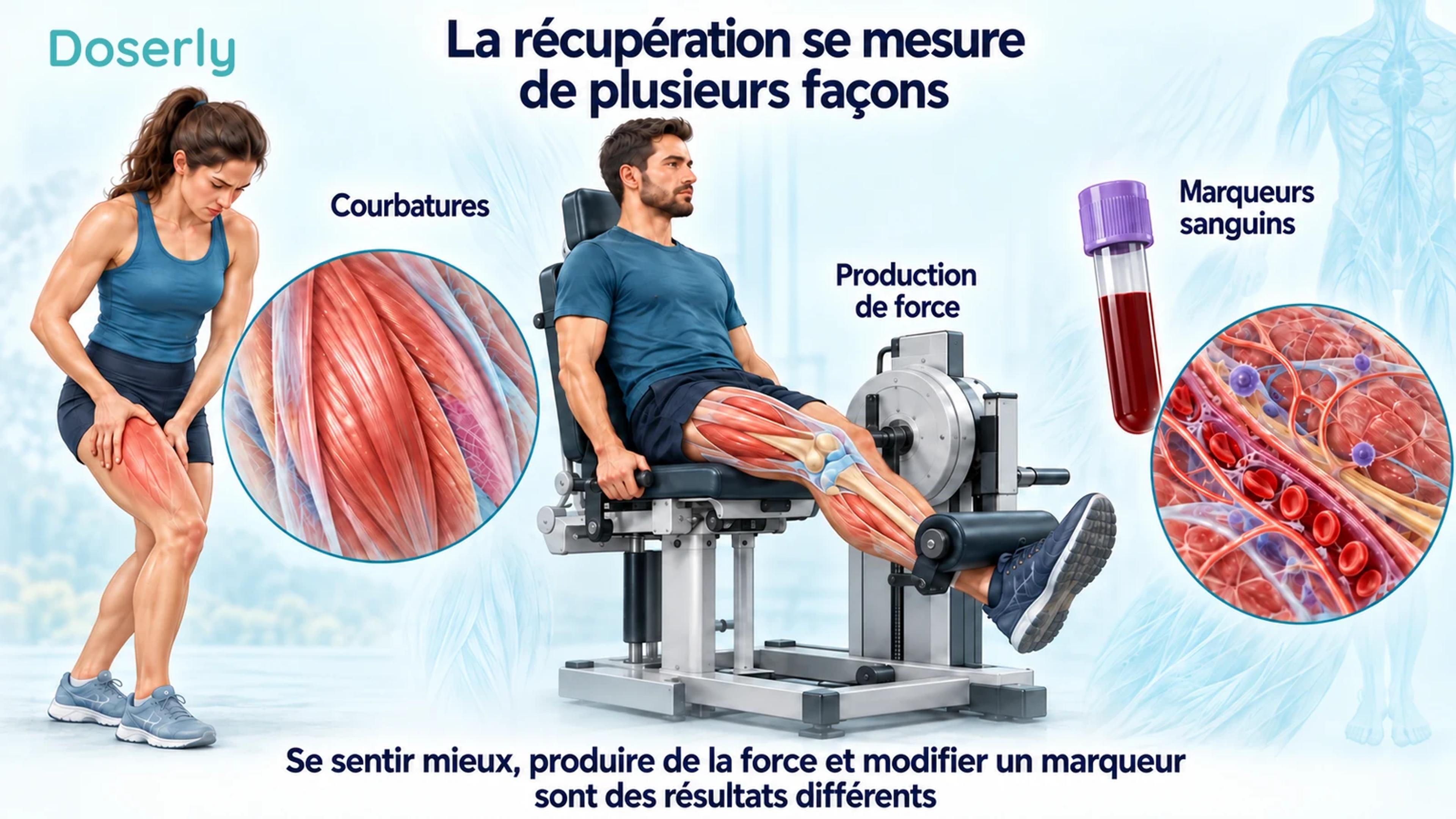 Des illustrations de courbatures, d’un test de force en extension du genou et d’un échantillon sanguin distinguent les mesures de récupération.