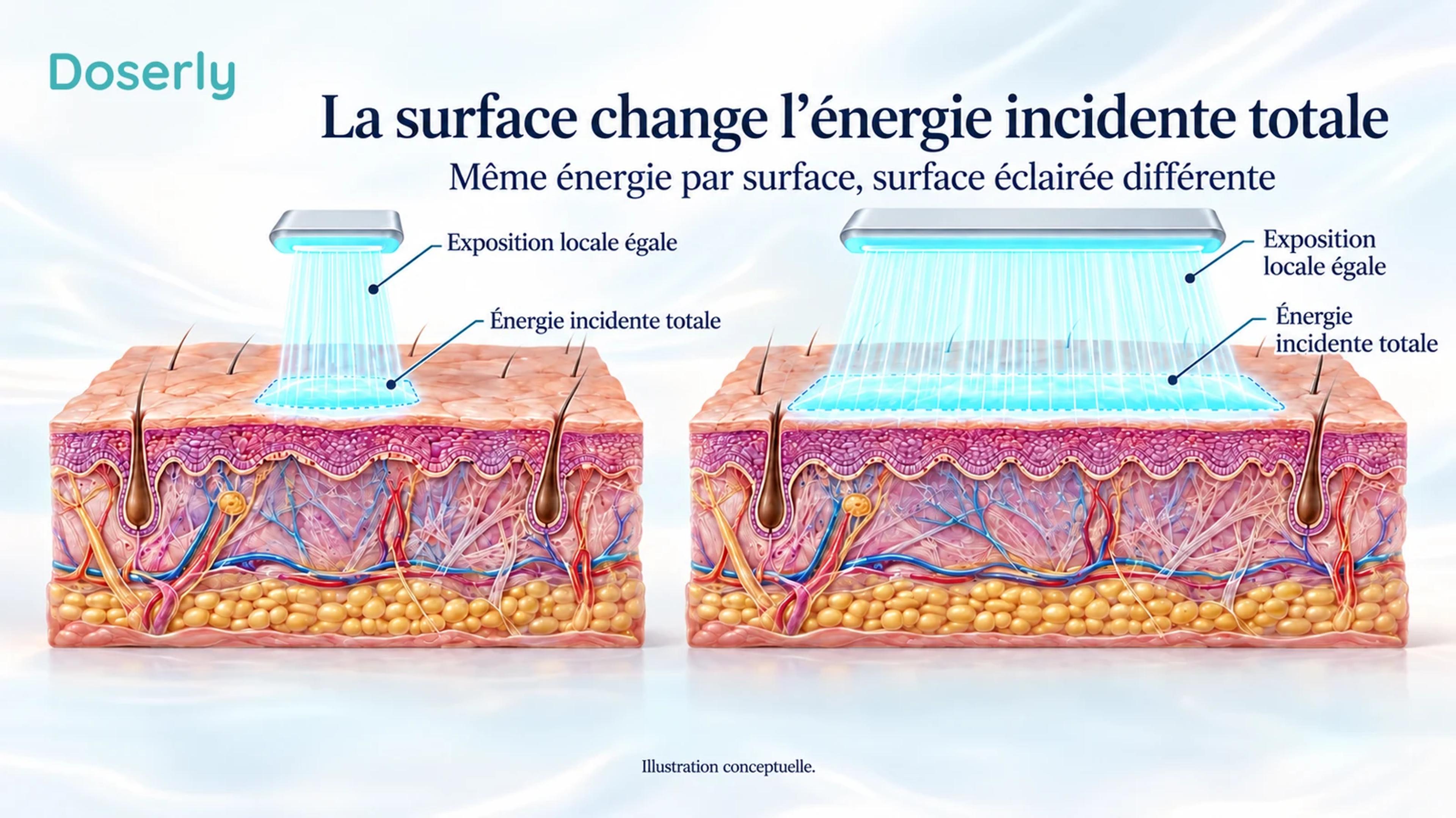 Deux surfaces réceptrices conceptuelles de tailles différentes illustrent la distinction entre l’énergie totale et l’énergie par surface.