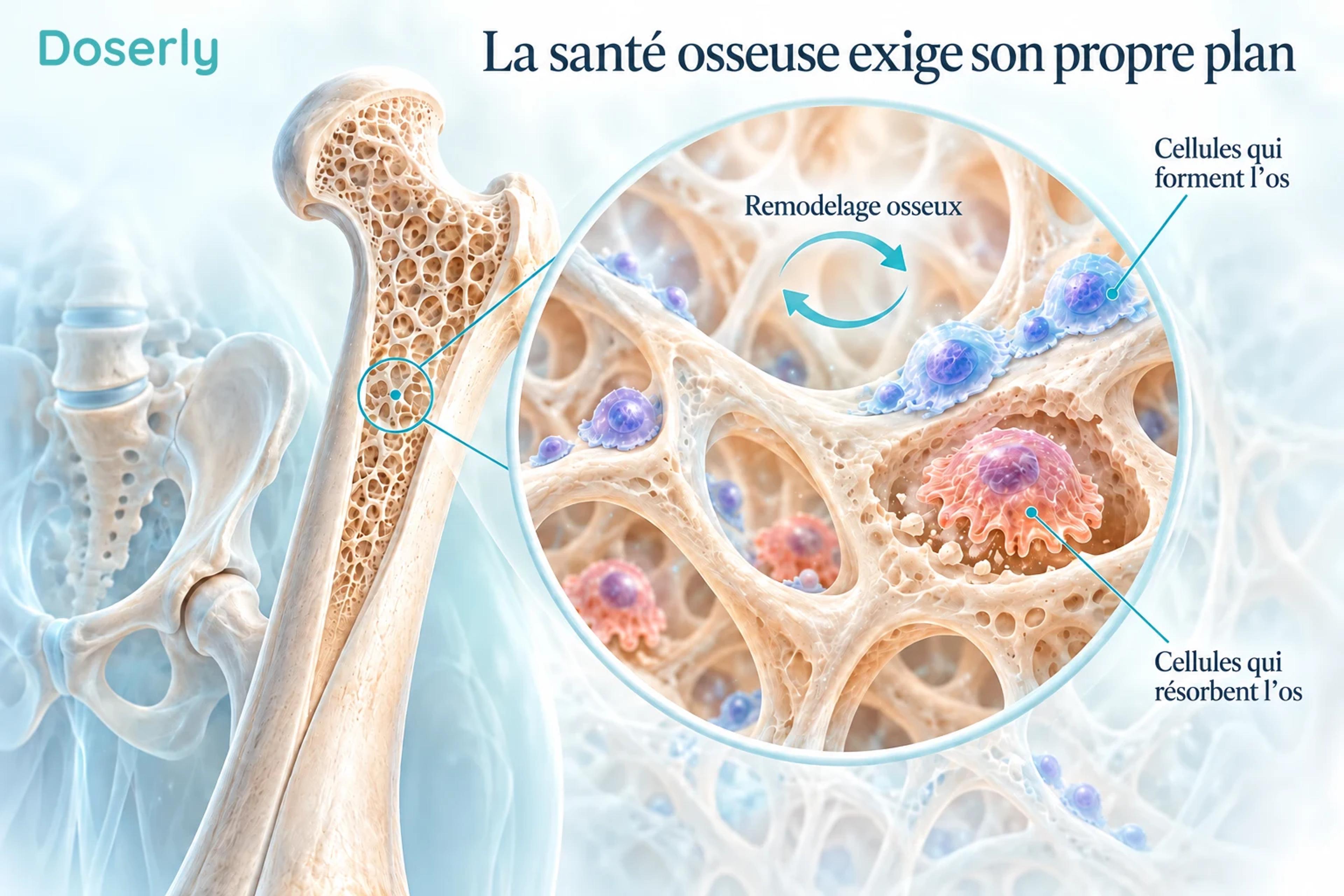 Fémur et vertèbres avec une vue agrandie des cellules qui forment et résorbent l’os.