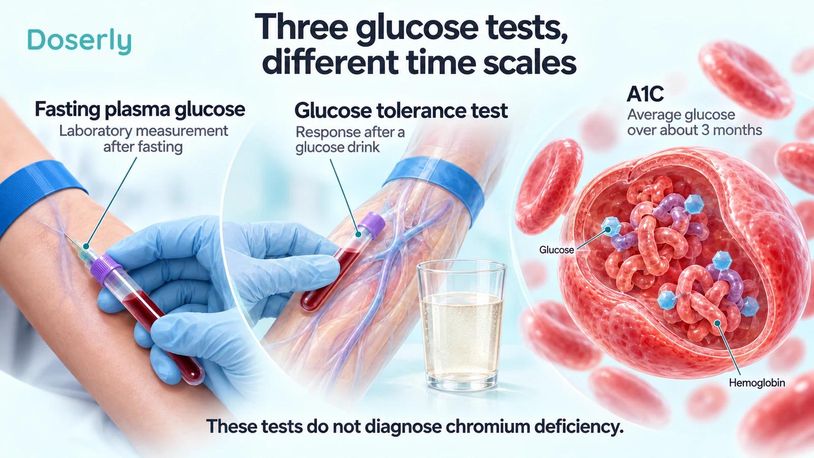 Illustrated venous laboratory sampling for fasting plasma glucose, a glucose tolerance test and an enlarged red blood cell explaining A1C.