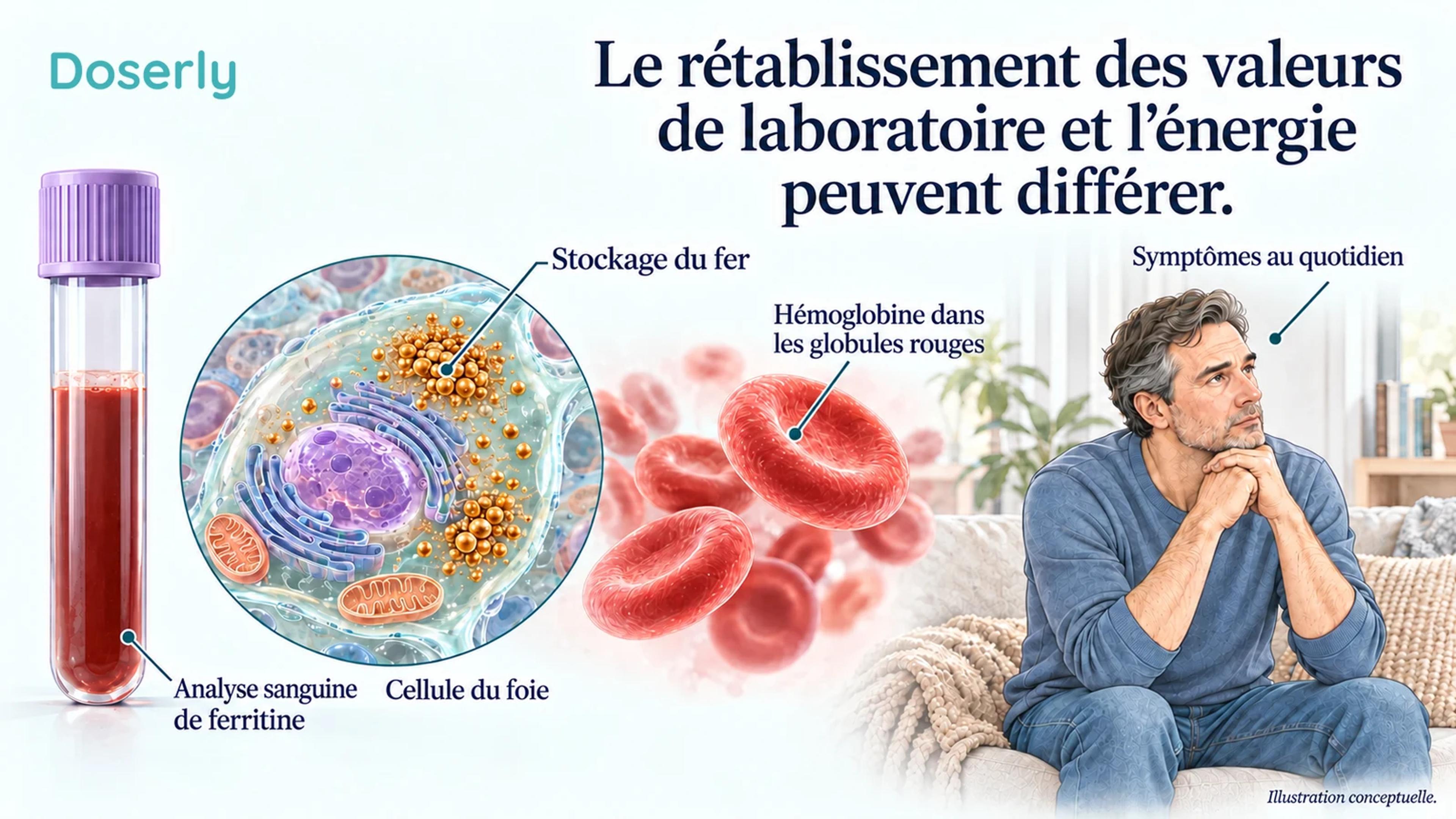 Un échantillon de sang et une représentation agrandie du stockage du fer sont séparés d’un adulte au repos, illustrant des résultats distincts pour les analyses et les symptômes.