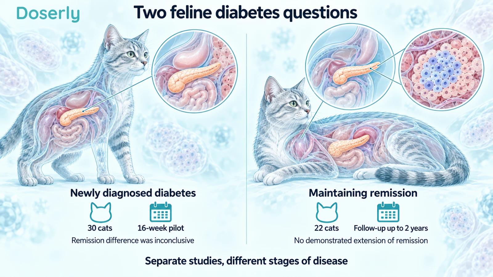 Two feline anatomical illustrations explain a 30-cat newly diagnosed diabetes pilot and a 22-cat remission-maintenance study.