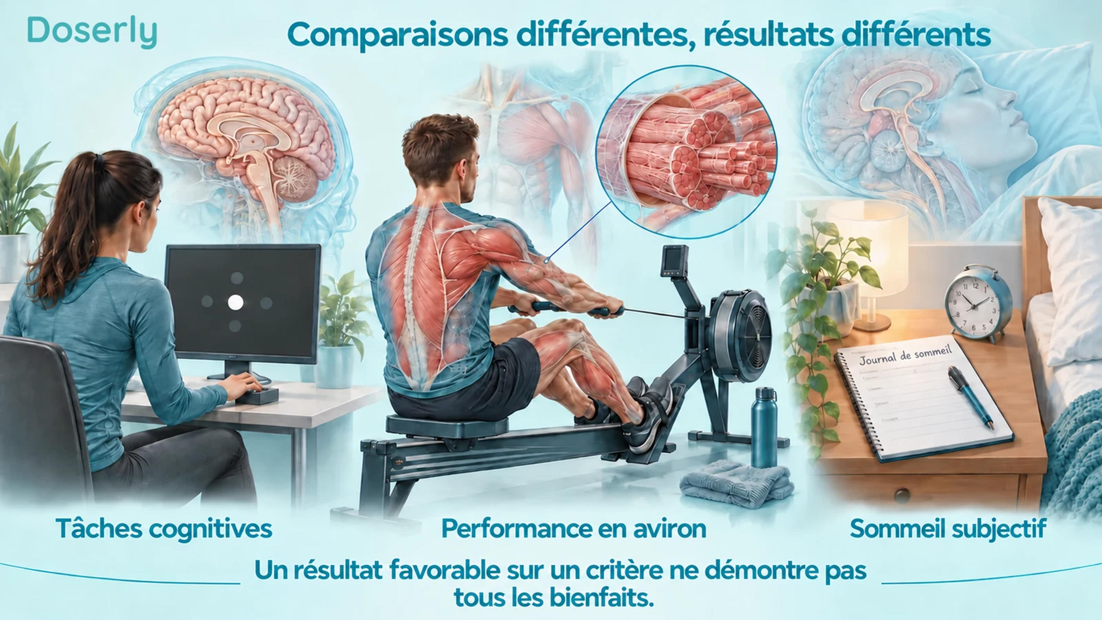 Deux athlètes illustrés en détail effectuent une tâche de réaction et un test d’aviron intérieur, tandis qu’un journal de sommeil distinct représente un autre résultat.