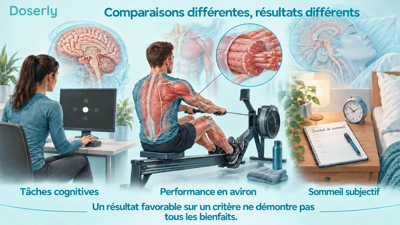 Deux athlètes illustrés en détail effectuent une tâche de réaction et un test d’aviron intérieur, tandis qu’un journal de sommeil distinct représente un autre résultat.