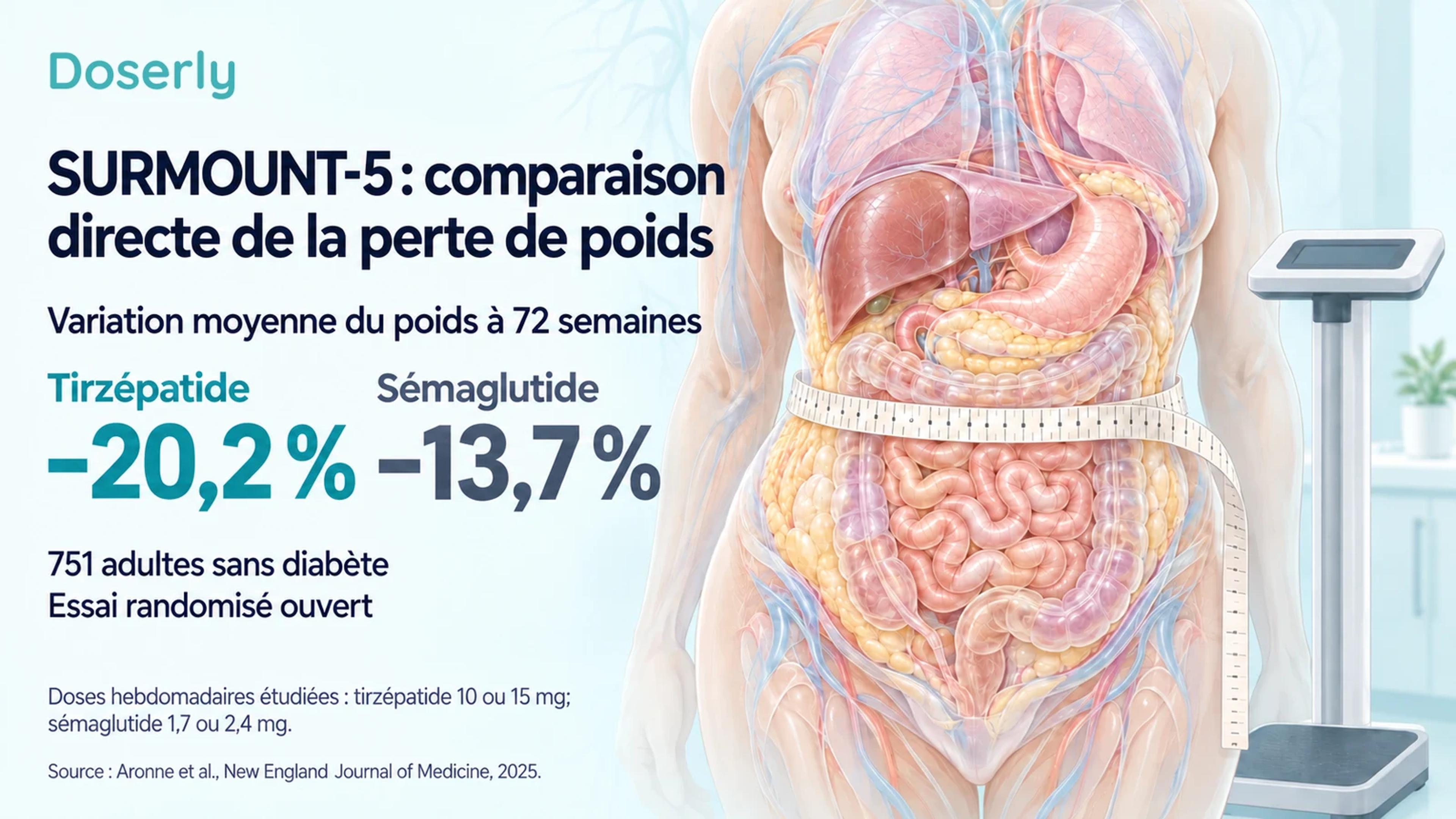 Variations moyennes du poids dans SURMOUNT-5 de moins 20,2 % avec le tirzépatide et de moins 13,7 % avec le sémaglutide, à côté d’un torse, d’un pèse-personne et d’un ruban à mesurer le tour de taille.