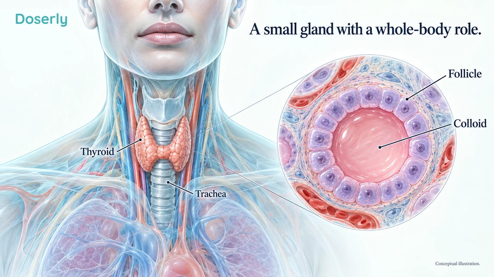 A translucent front-of-neck anatomical view highlights the thyroid beside an enlarged colloid-filled follicle.