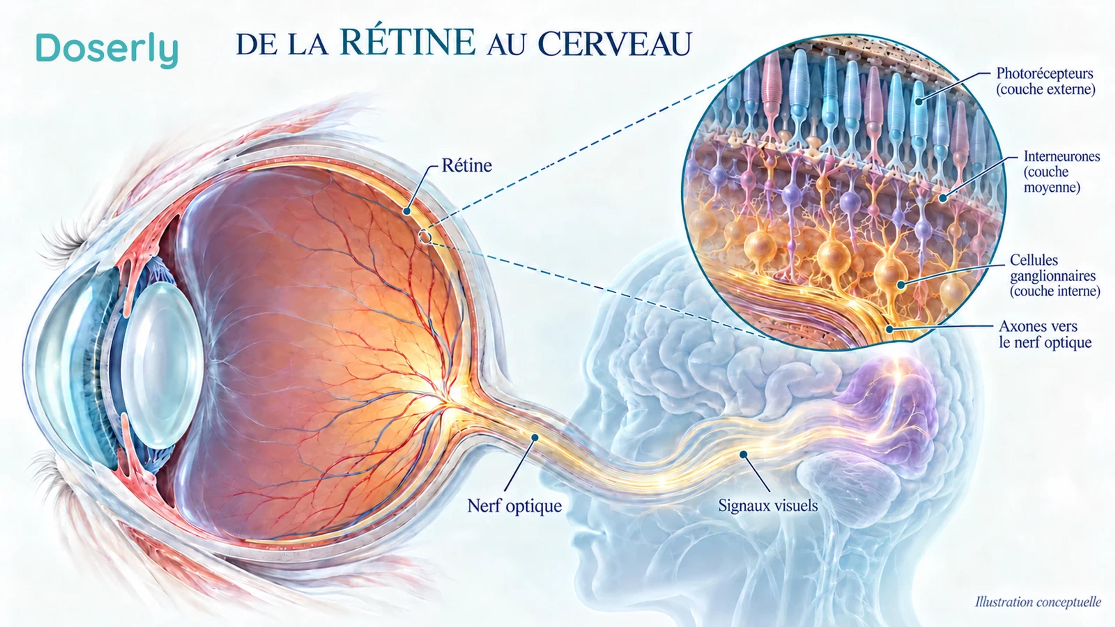 Coupe anatomique de l’œil montrant les couches rétiniennes, les cellules ganglionnaires et les axones qui se réunissent pour former le nerf optique