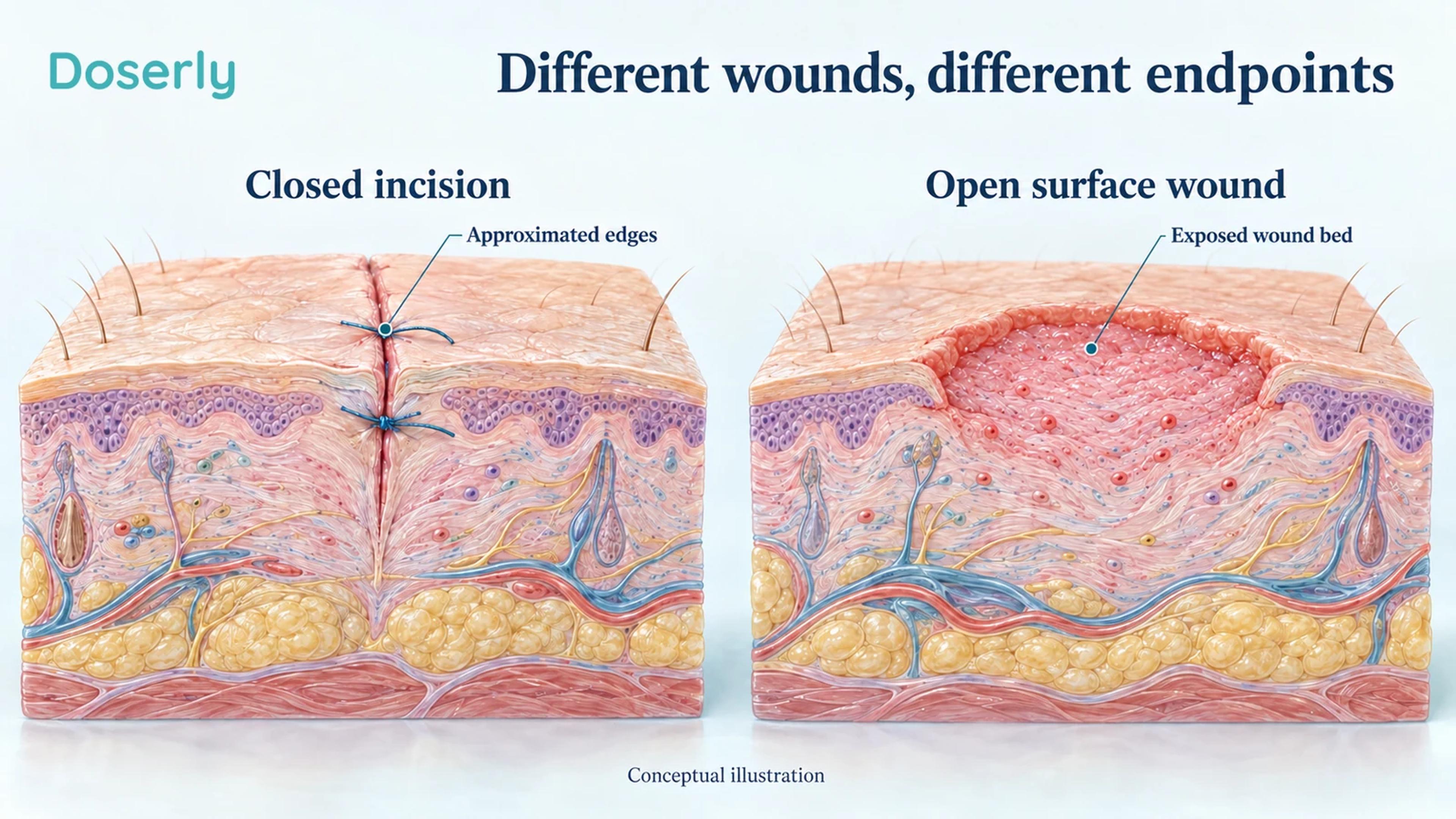 Conceptual comparison of a sutured incision with approximated edges and a superficial open wound requiring new surface coverage.