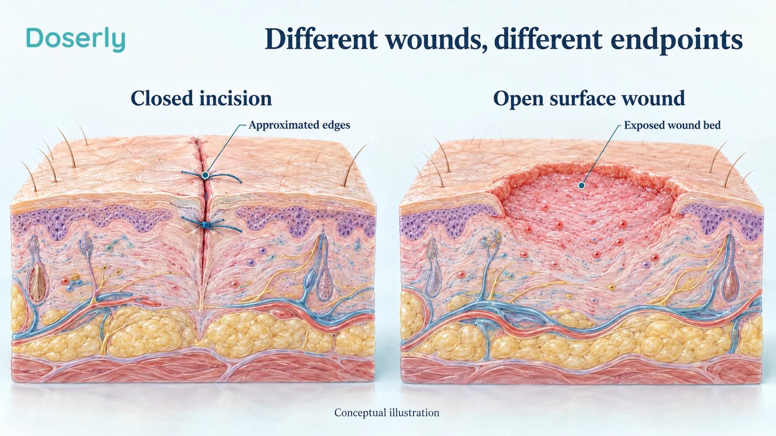 Conceptual comparison of a sutured incision with approximated edges and a superficial open wound requiring new surface coverage.