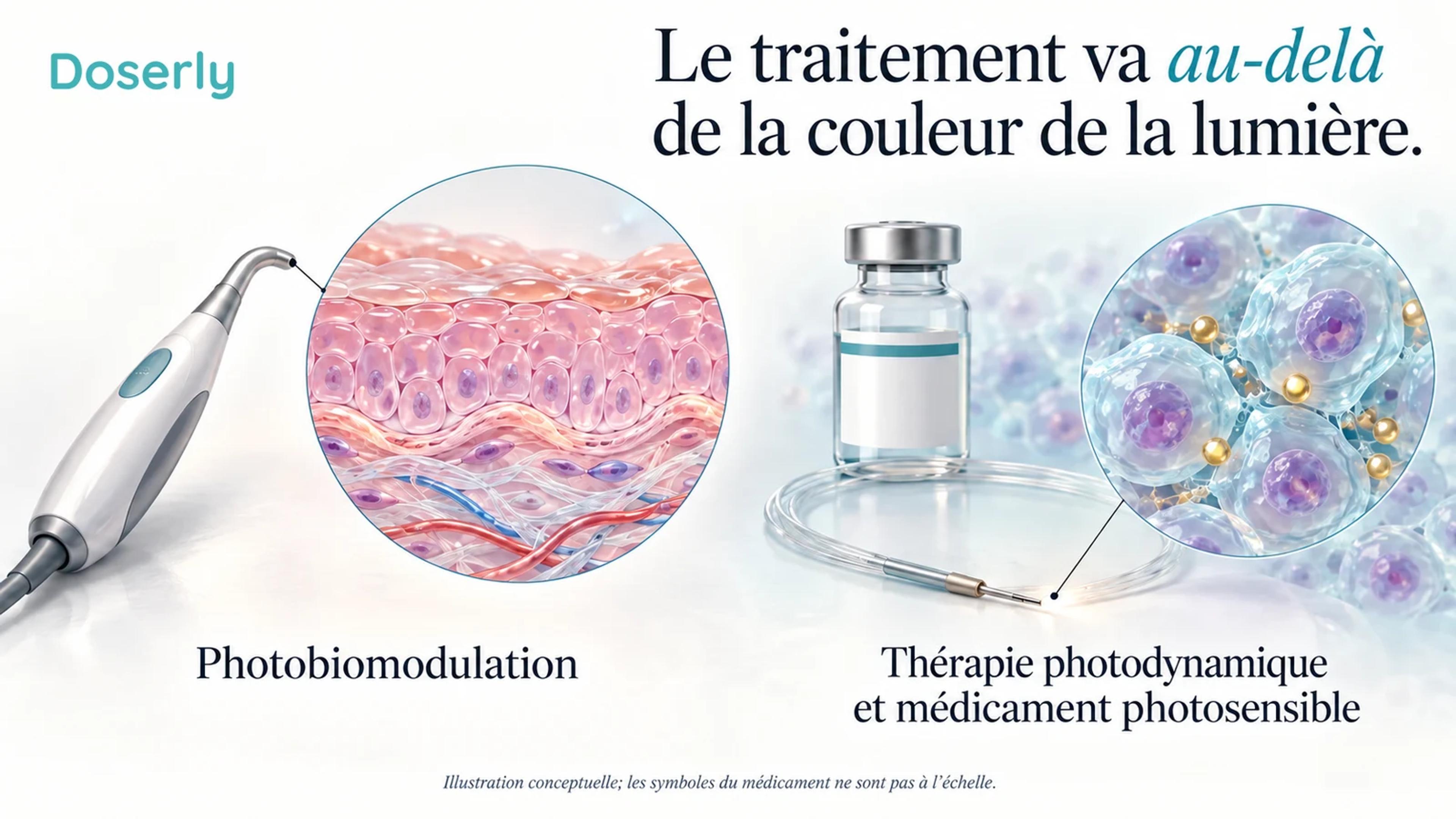 Une pièce à main de PBM éteinte et une illustration de tissu buccal sont présentées séparément d’une fibre optique, d’une fiole de médicament anonyme et de cellules symboliques contenant un photosensibilisant.