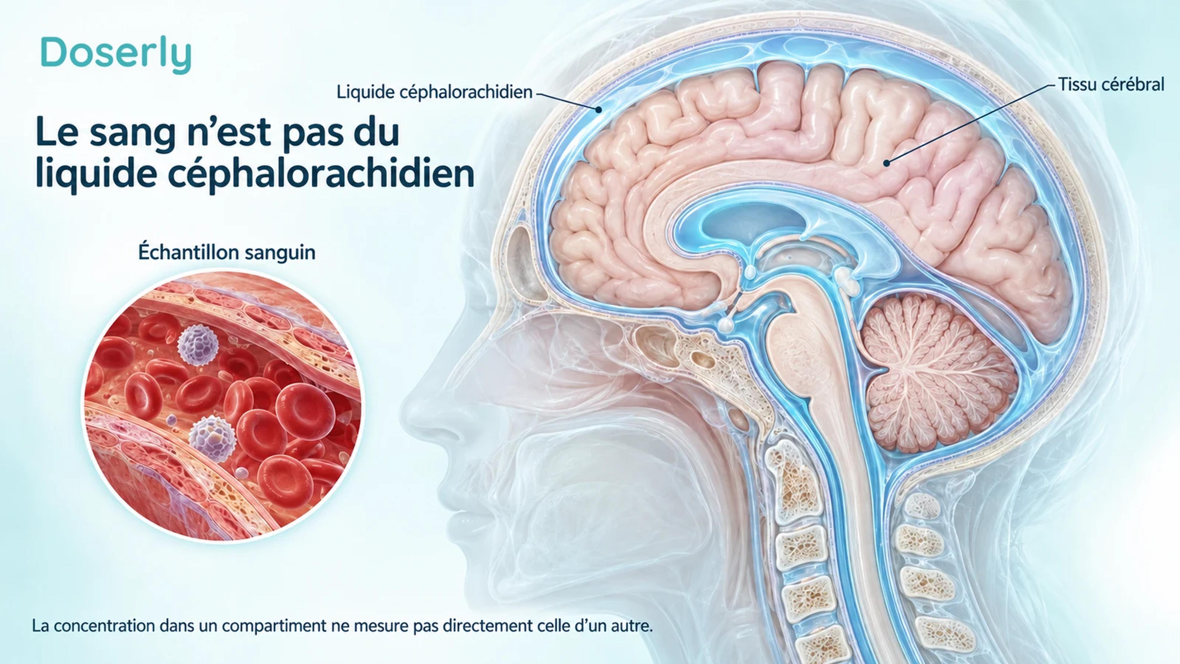 Cerveau et partie supérieure de la moelle épinière translucides, avec les espaces de liquide céphalorachidien mis en évidence, à côté d’un vaisseau sanguin agrandi contenant des cellules sanguines.