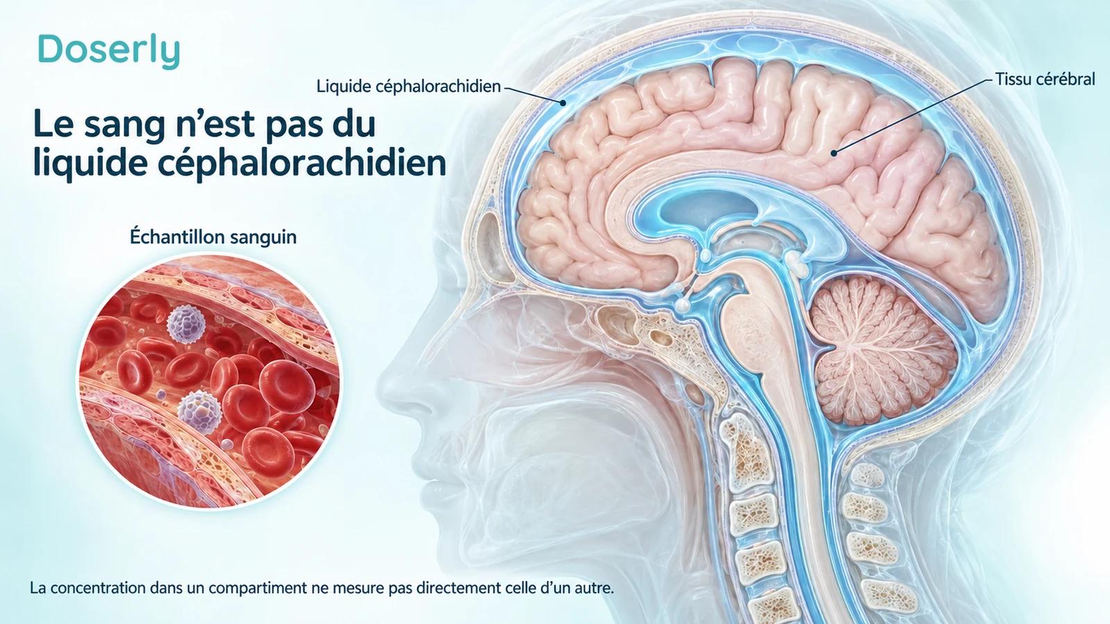 Cerveau et partie supérieure de la moelle épinière translucides, avec les espaces de liquide céphalorachidien mis en évidence, à côté d’un vaisseau sanguin agrandi contenant des cellules sanguines.