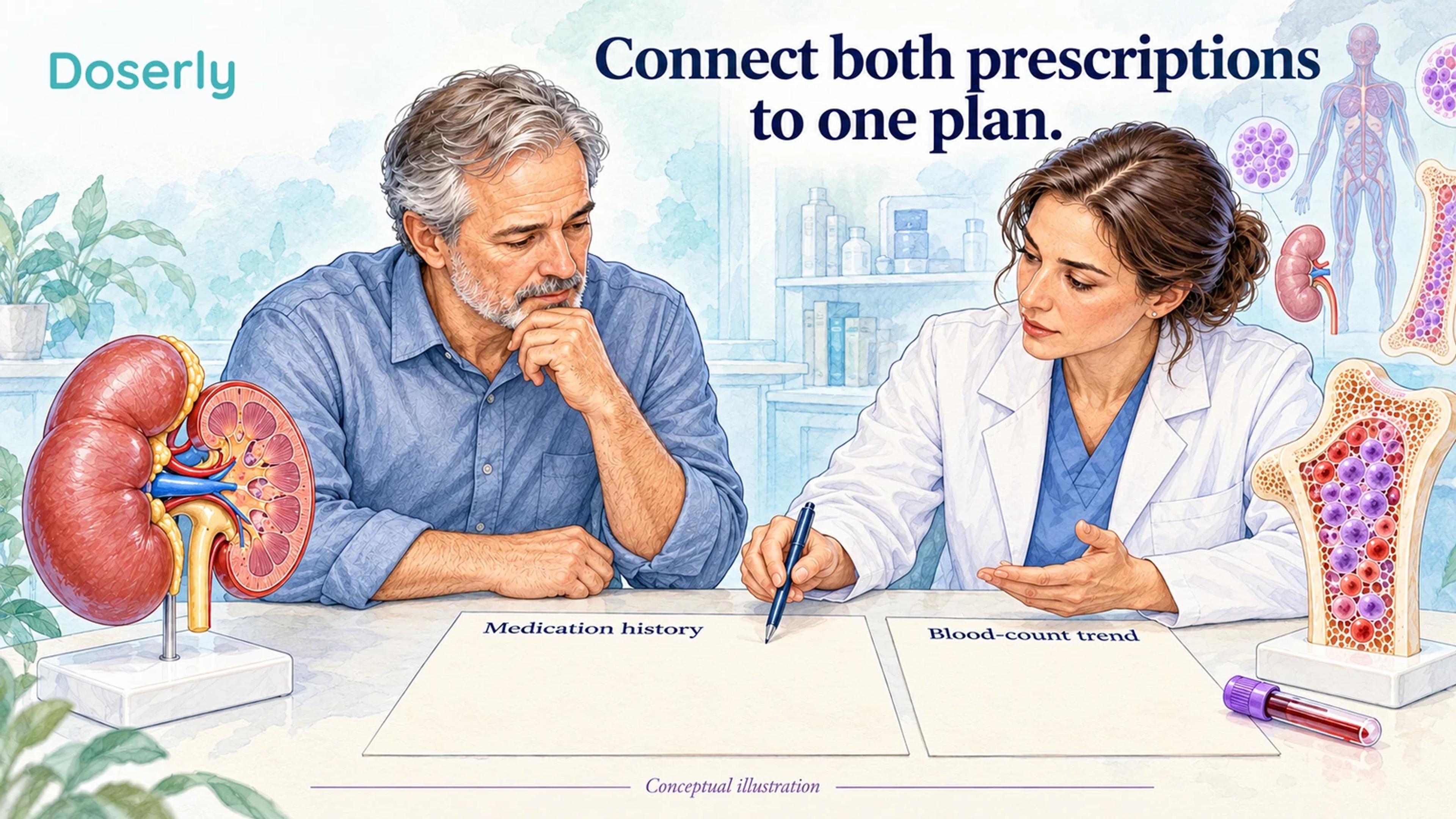 A patient and clinician review medication dates beside blood samples and anatomical kidney and marrow models.