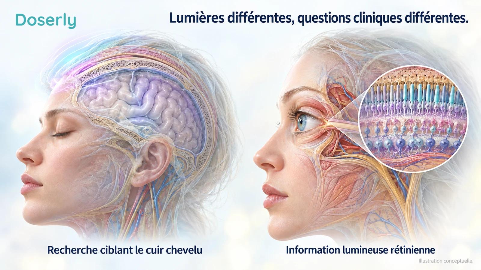 Deux illustrations anatomiques de la tête distinguent la recherche ciblant le cuir chevelu de l’information lumineuse visuelle ordinaire qui atteint la rétine.