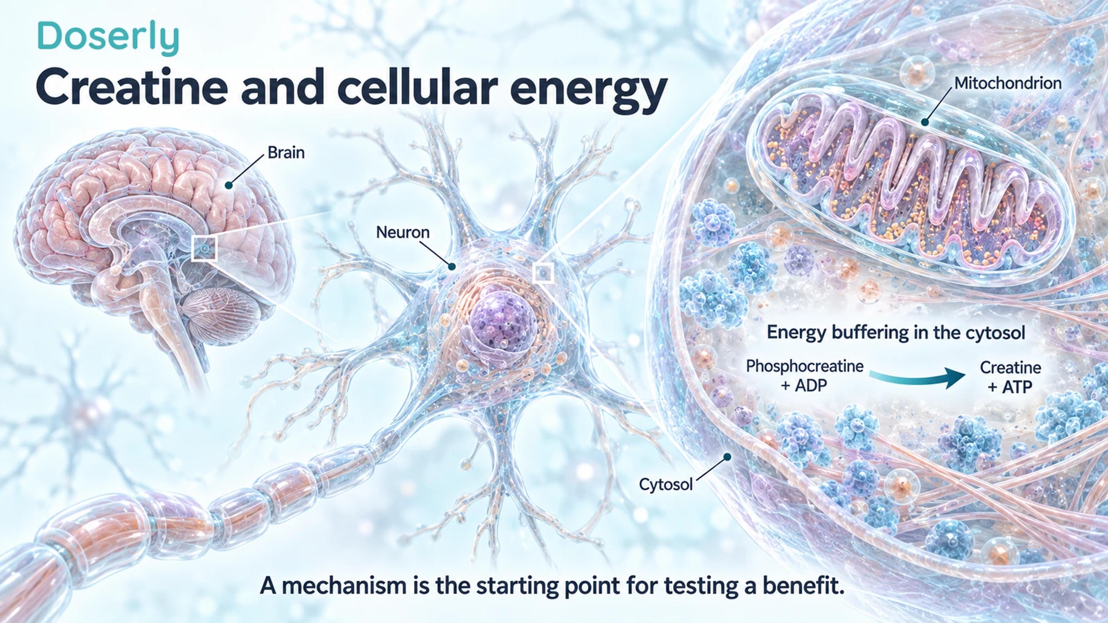 Translucent brain and neuron enlarged to show phosphocreatine transferring energy in cytosol outside a mitochondrion.