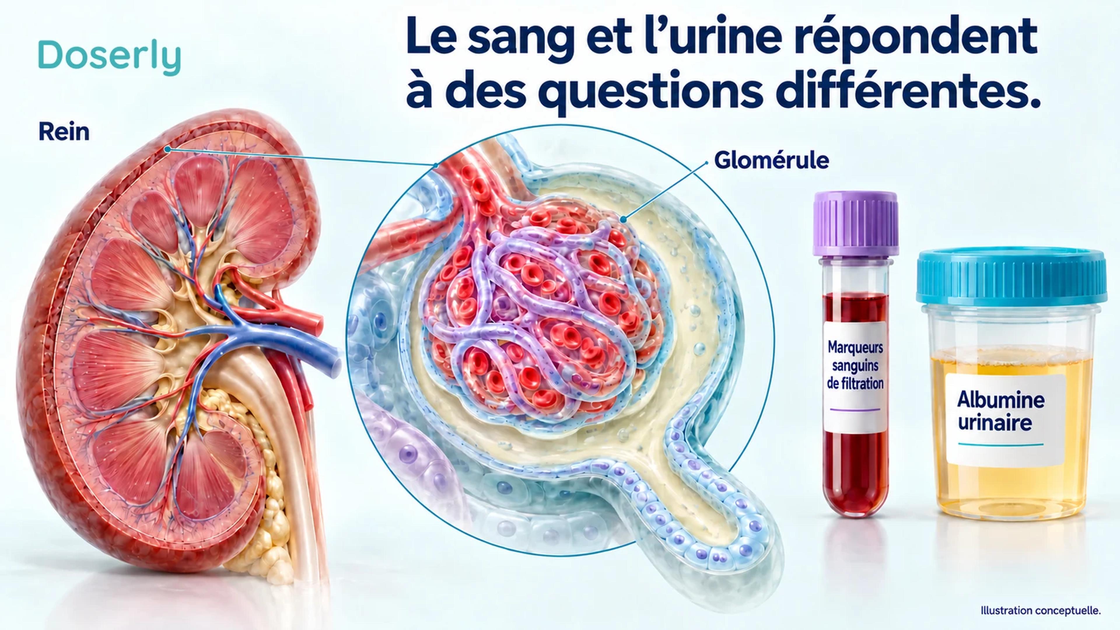 Une unité de filtration rénale apparaît à côté d’échantillons distincts de sang et d’urine.