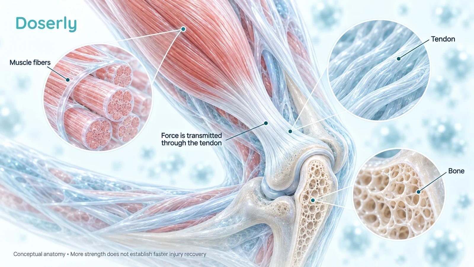 Detailed conceptual muscle, tendon and bone cutaway with magnified muscle fibers, collagen and bone structure.