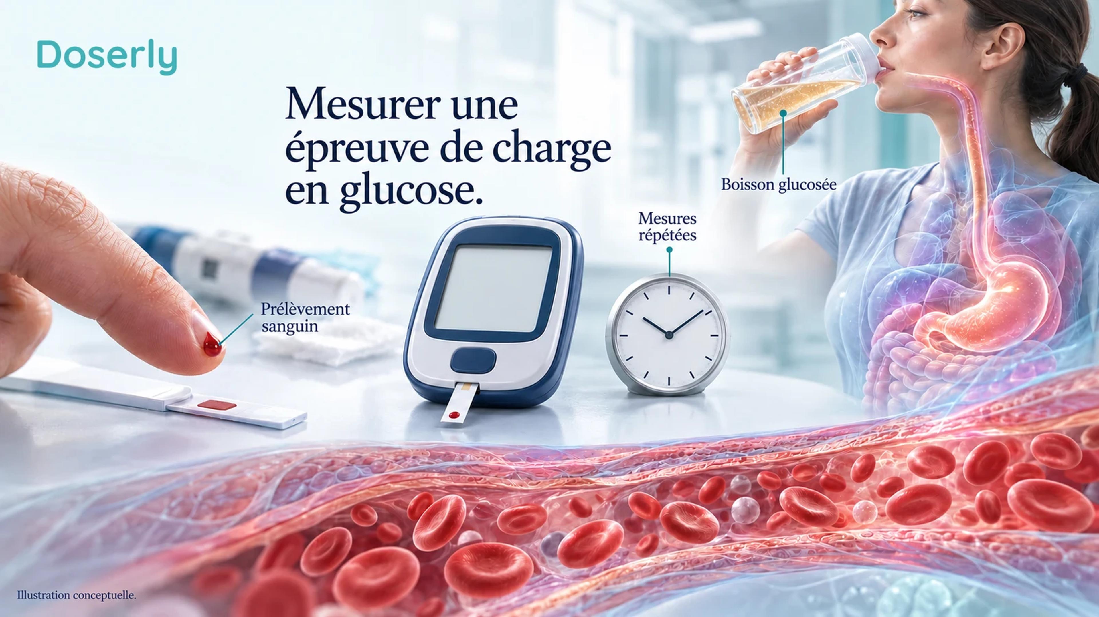Une boisson glucosée, un prélèvement au bout du doigt, un glucomètre sans affichage et une horloge illustrent les mesures répétées pendant une épreuve de charge en glucose.