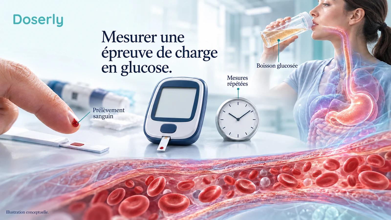 Une boisson glucosée, un prélèvement au bout du doigt, un glucomètre sans affichage et une horloge illustrent les mesures répétées pendant une épreuve de charge en glucose.