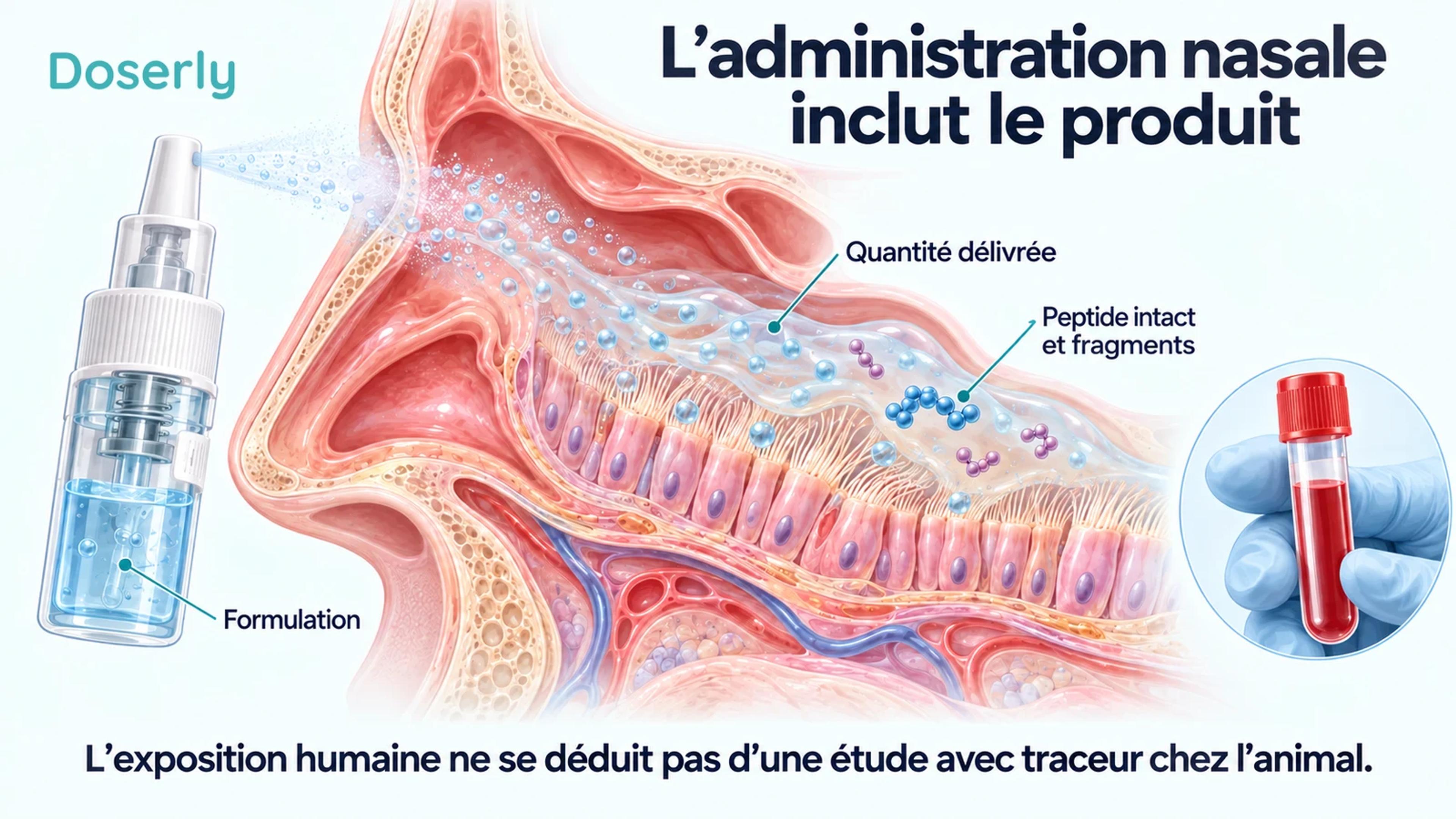 Une coupe de la muqueuse nasale, un vaporisateur et un échantillon sanguin distinct illustrent la formulation, l’administration et les fragments peptidiques.