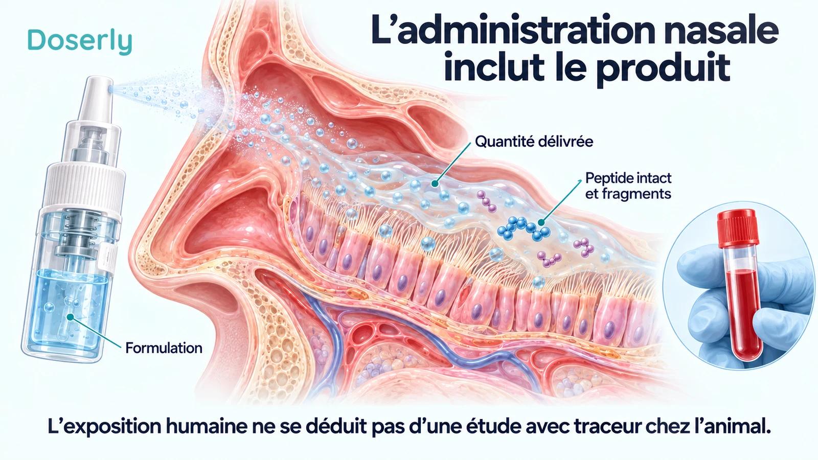 Une coupe de la muqueuse nasale, un vaporisateur et un échantillon sanguin distinct illustrent la formulation, l’administration et les fragments peptidiques.