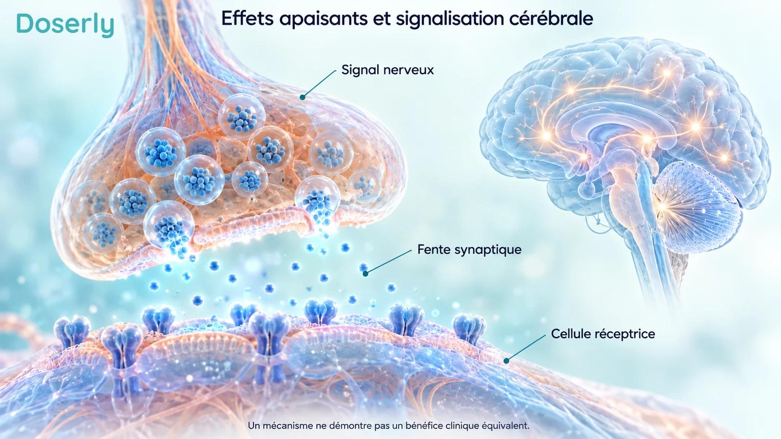 Une jonction nerveuse conceptuelle détaillée à côté d’un cerveau translucide illustre la signalisation sans désigner de récepteur cible du Selank.