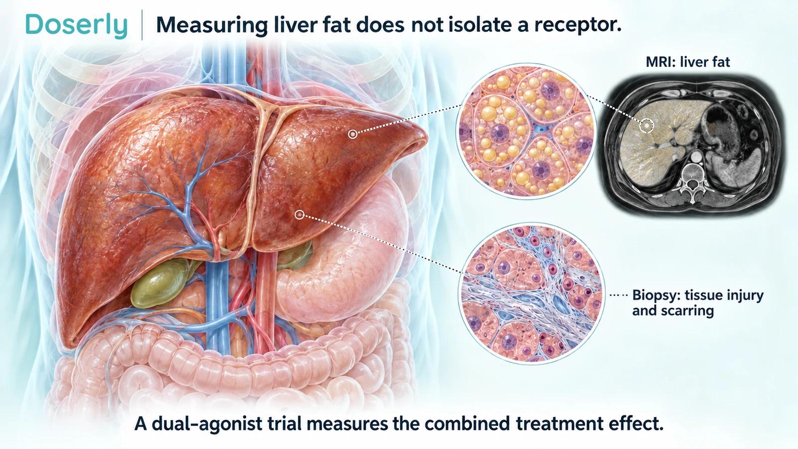 Liver anatomy with conceptual MRI and biopsy insets illustrating different disease measurements.