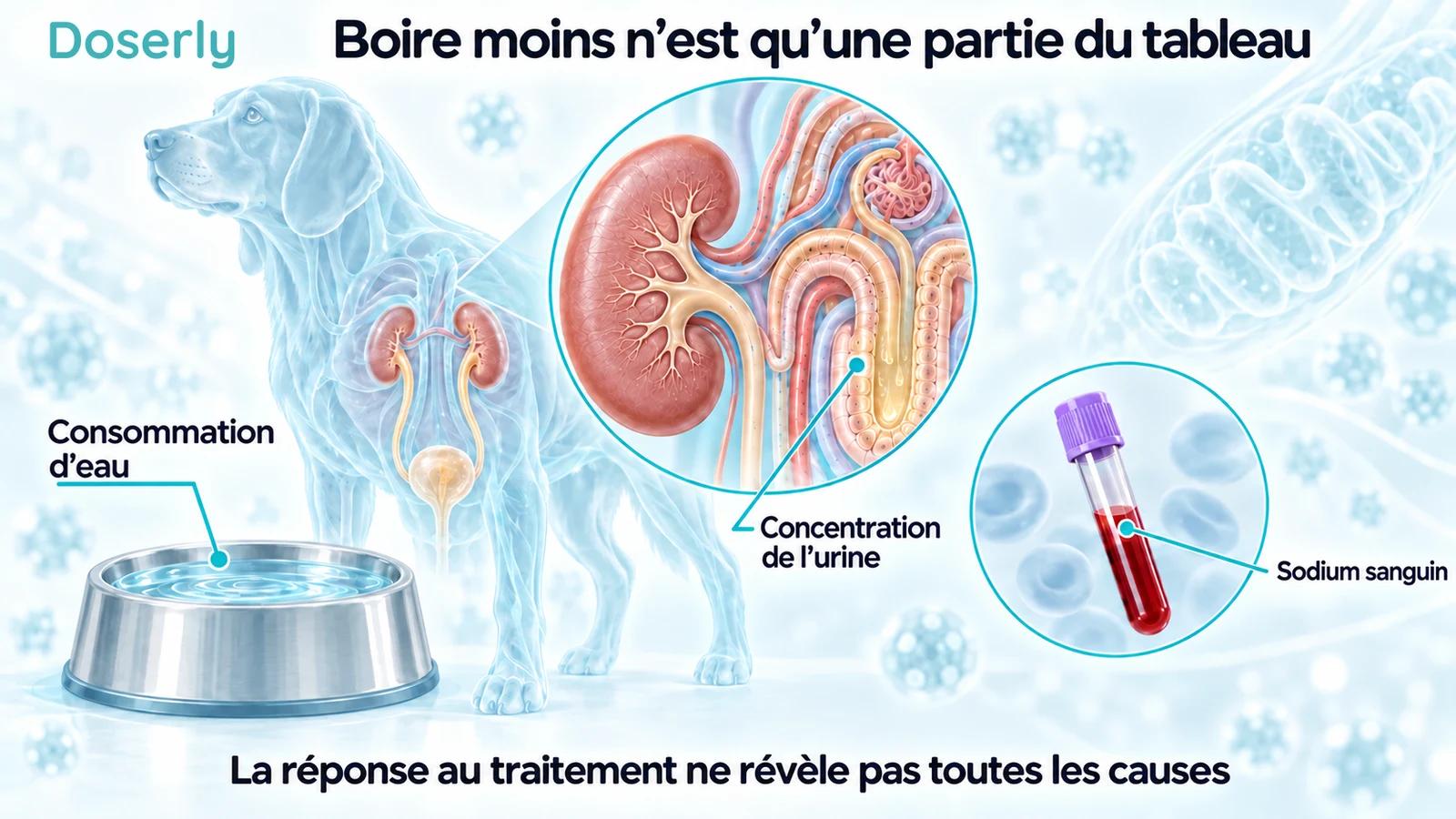 Une illustration translucide de l’anatomie canine à côté d’un bol d’eau plein, d’un rein en coupe et d’un tube de prélèvement sanguin.