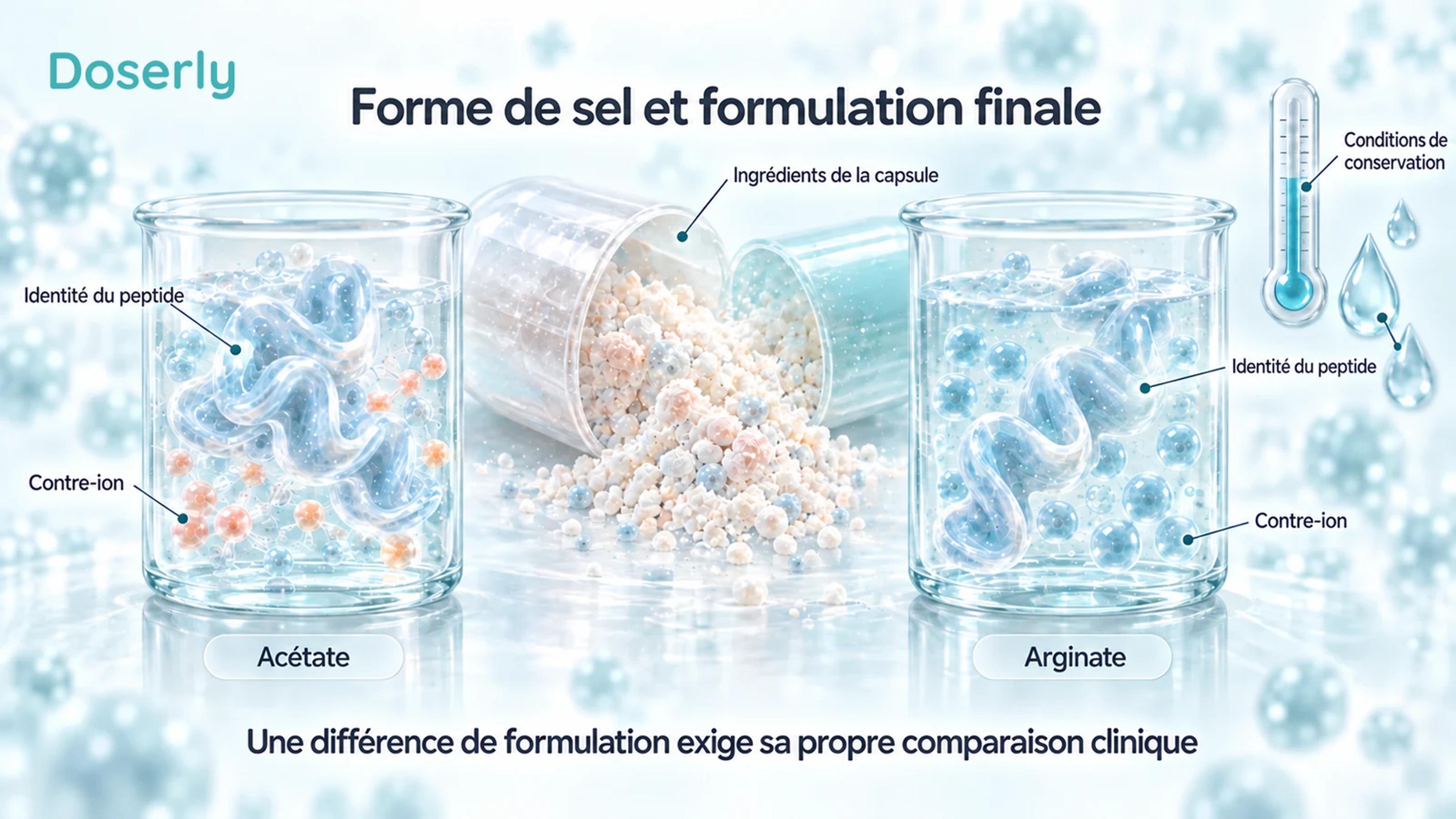 Deux formulations conceptuelles de peptide à côté d’une capsule en coupe et de symboles représentant les conditions de conservation.