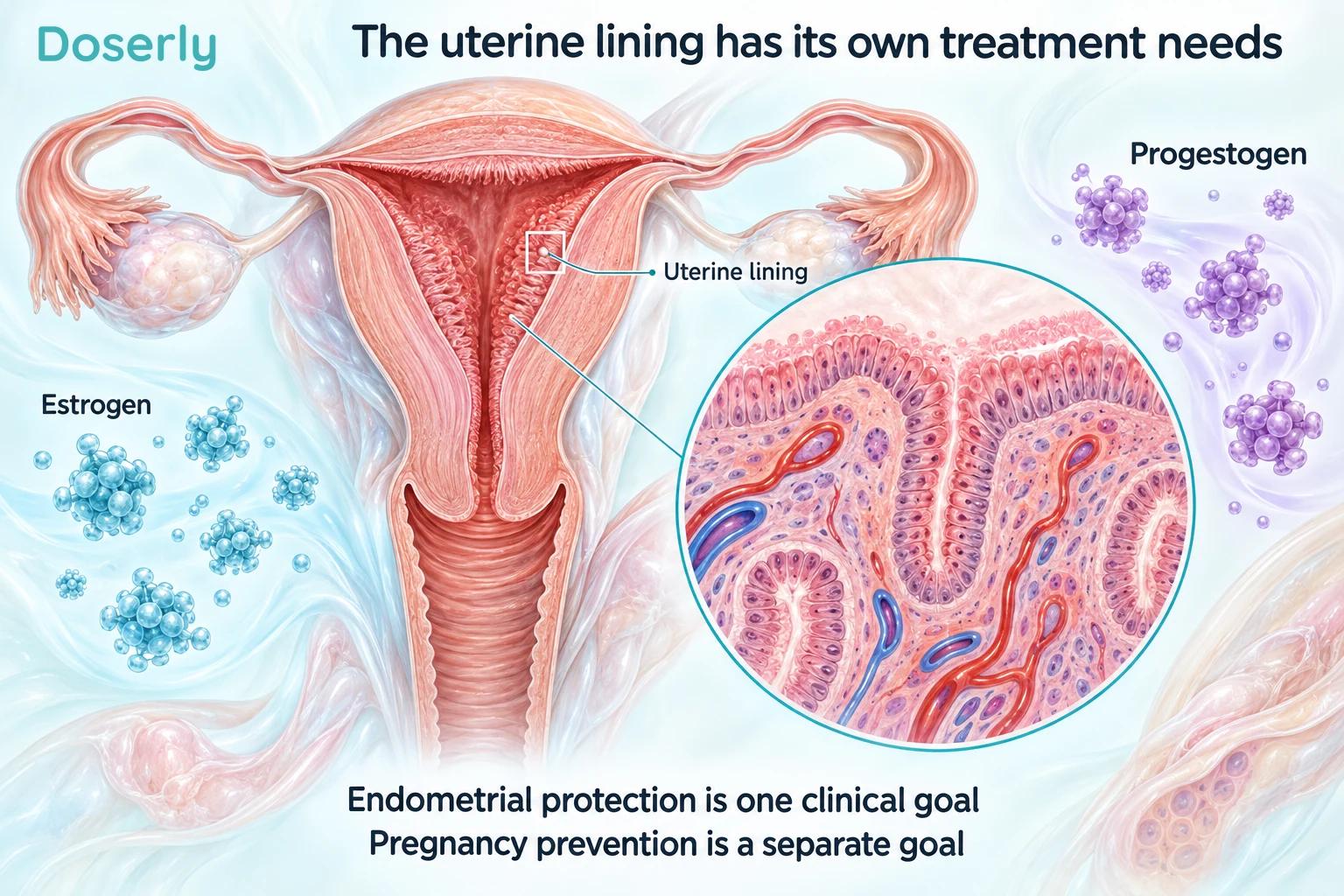 Uterine lining and conceptual estrogen and progestogen particles illustrate endometrial treatment goals.