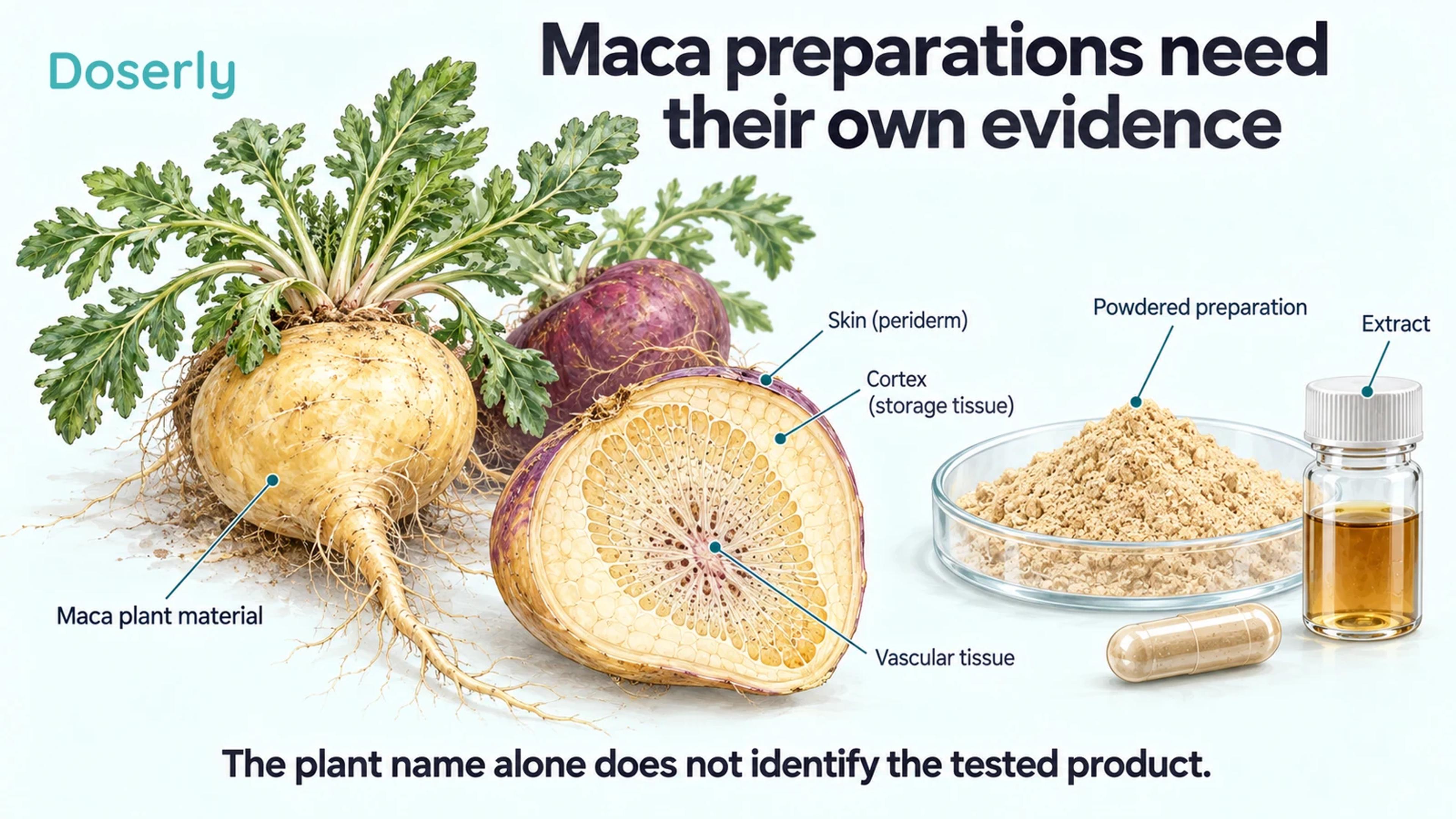 Maca plant material and an enlarged tissue cross-section sit beside powder, a capsule and a neutral extract vial.