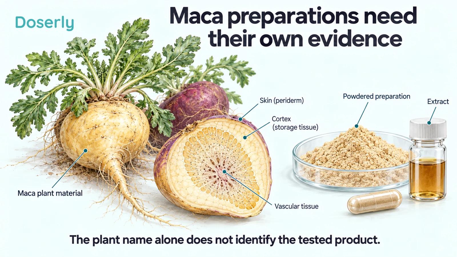 Maca plant material and an enlarged tissue cross-section sit beside powder, a capsule and a neutral extract vial.