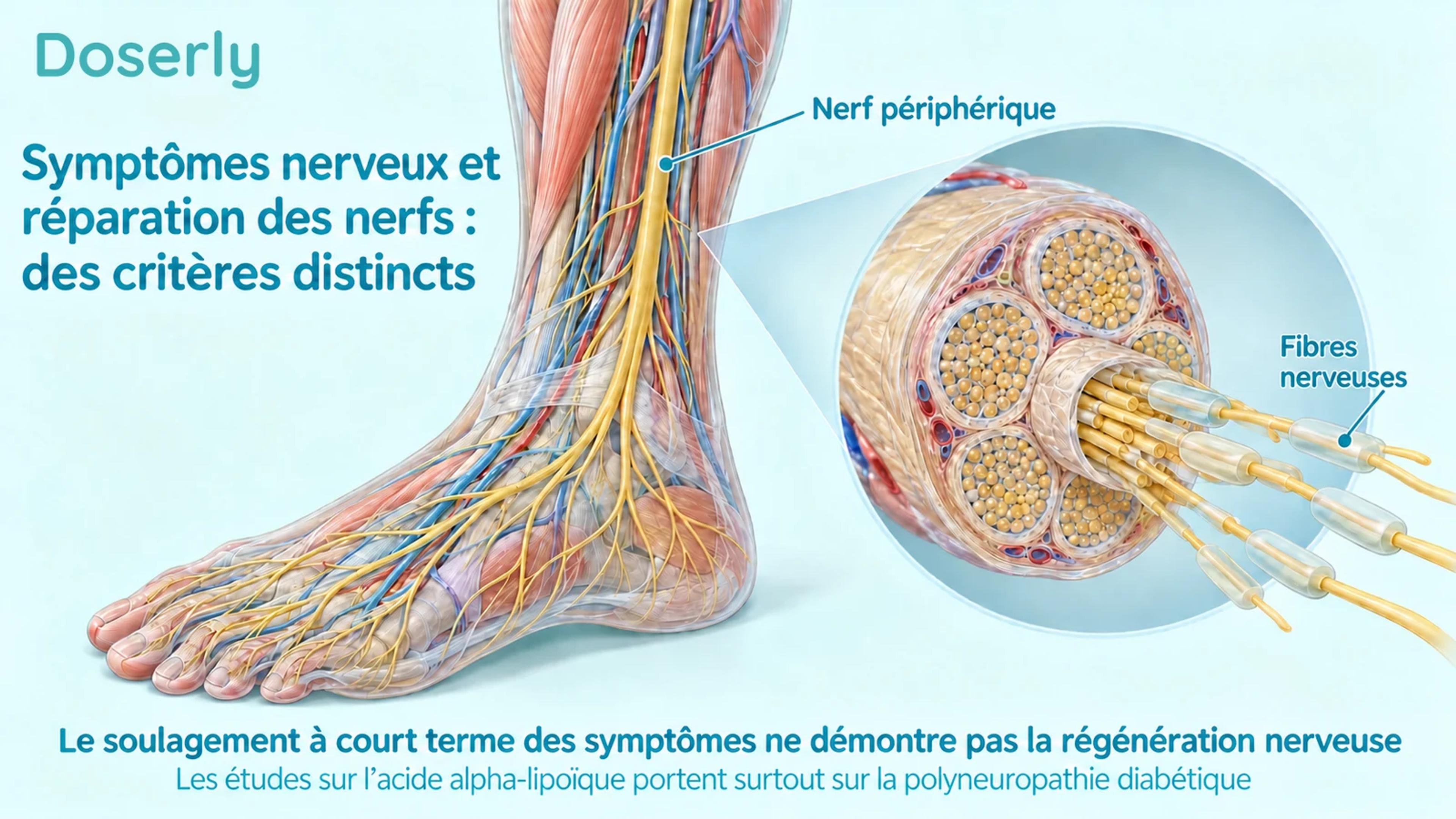 Une illustration détaillée du bas de la jambe et du pied suit les nerfs périphériques jusqu’à une vue agrandie d’un faisceau nerveux et de ses fibres.