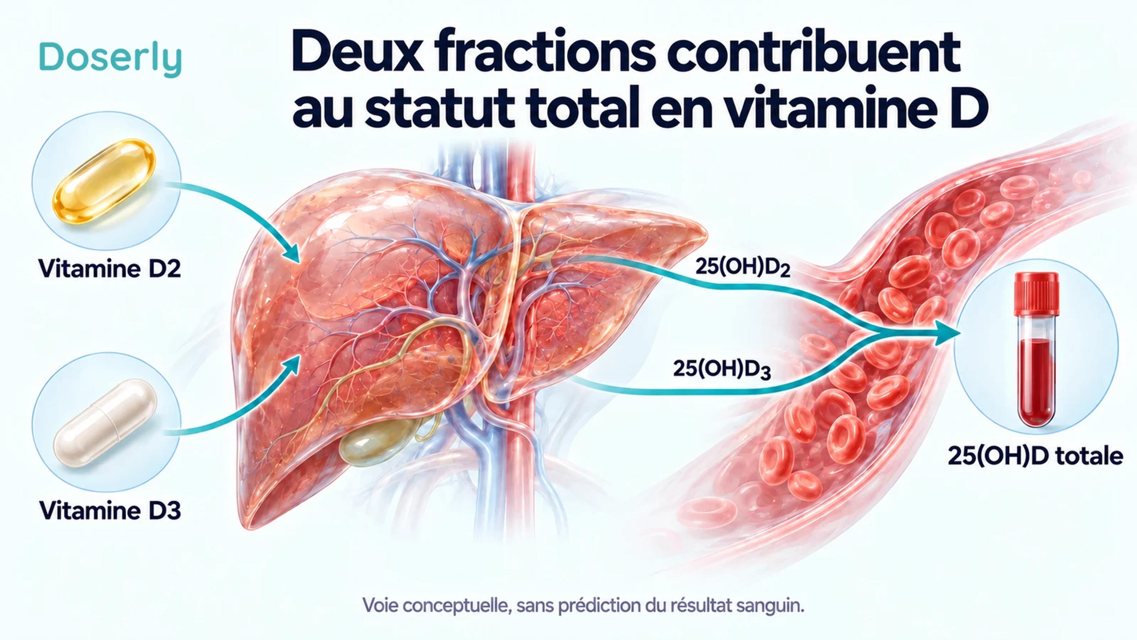 Le foie produit des fractions distinctes de 25-hydroxyvitamine D issues de la D2 et de la D3, qui contribuent ensemble à la mesure sanguine totale.