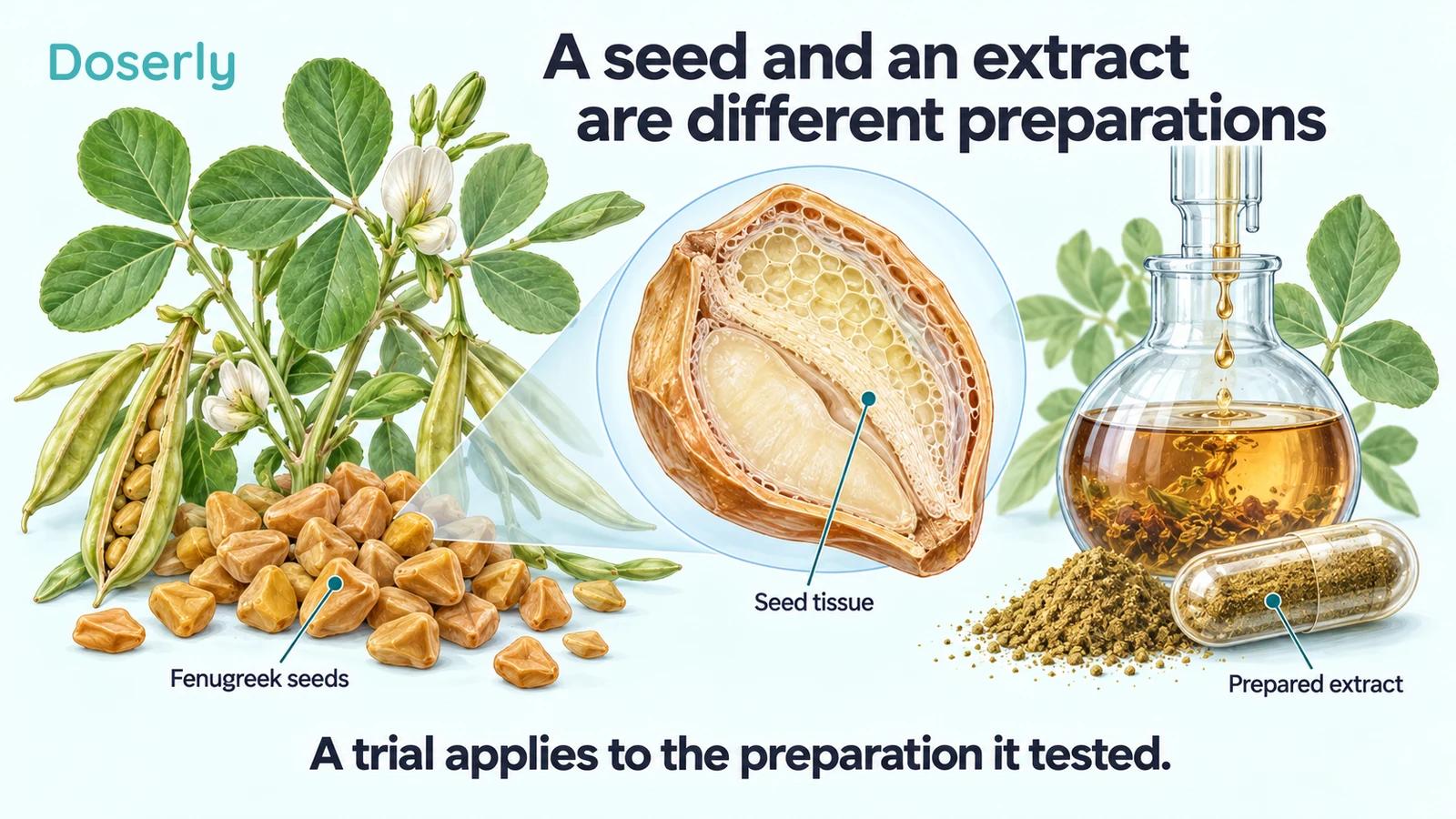 Fenugreek leaves, pods and seeds accompany an enlarged seed-tissue illustration and a prepared extract.