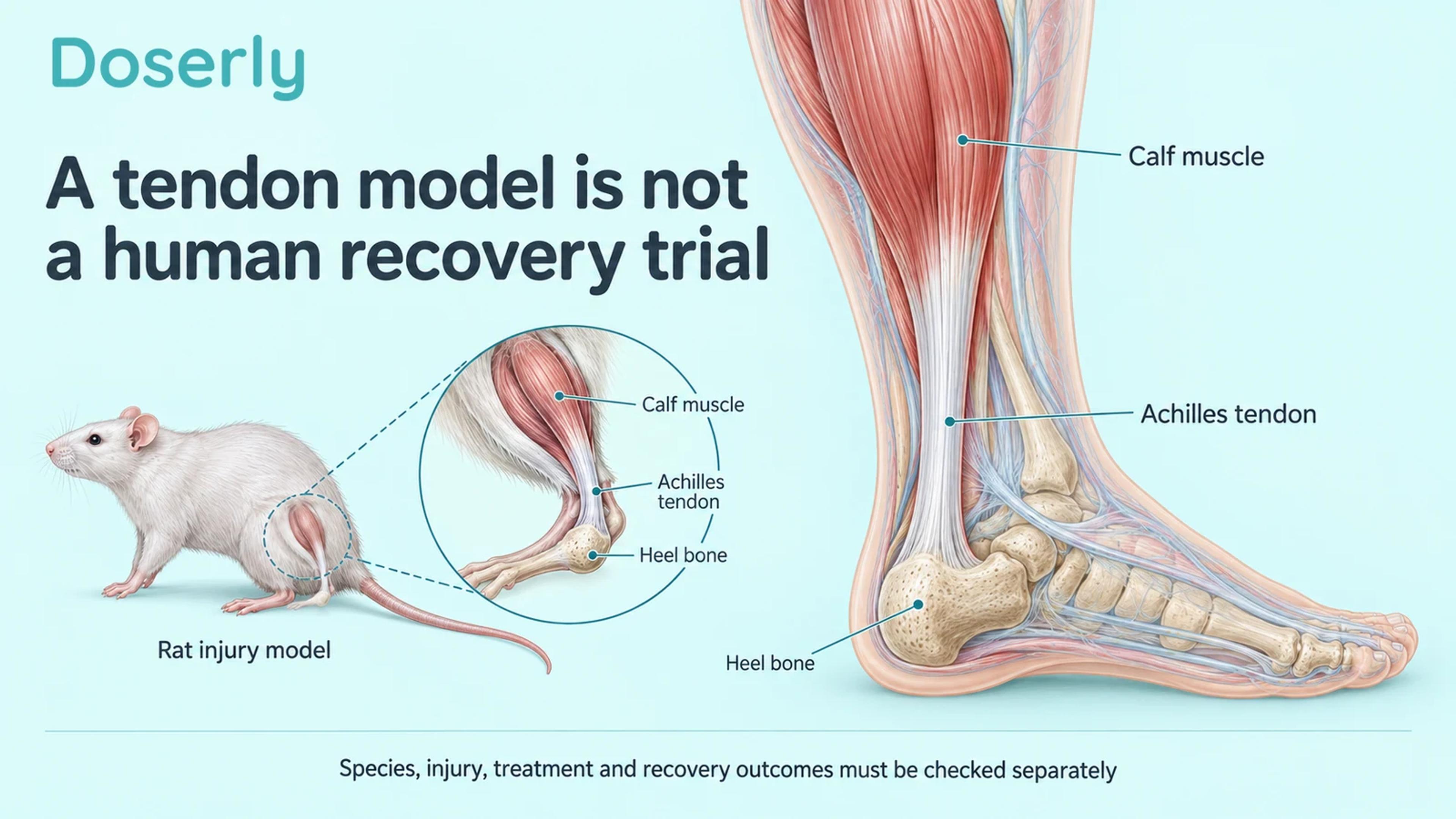 Detailed Achilles tendon anatomy in a human lower leg alongside a labeled rat hindlimb model.