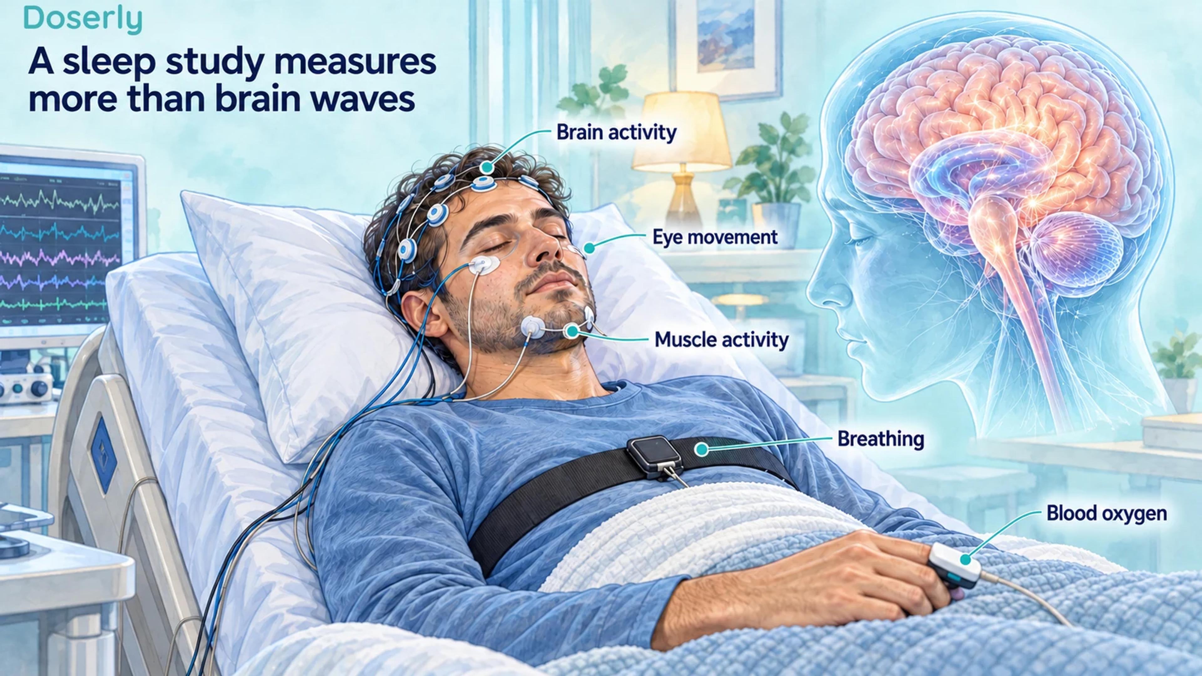 A laboratory participant wearing scalp, eye and chin electrodes, a breathing belt and a finger oxygen sensor.